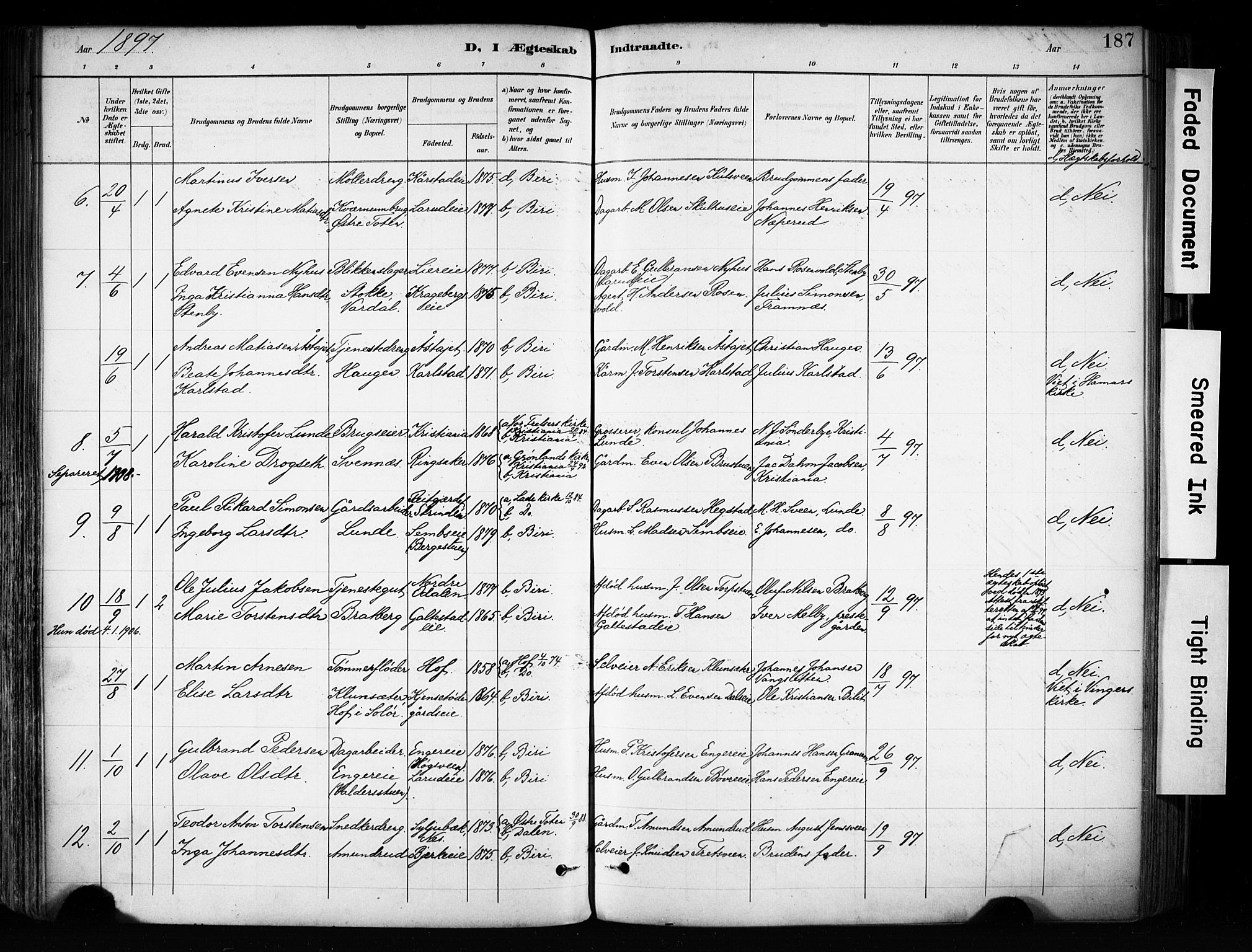 Biri prestekontor, SAH/PREST-096/H/Ha/Haa/L0009: Parish register (official) no. 9, 1887-1900, p. 187