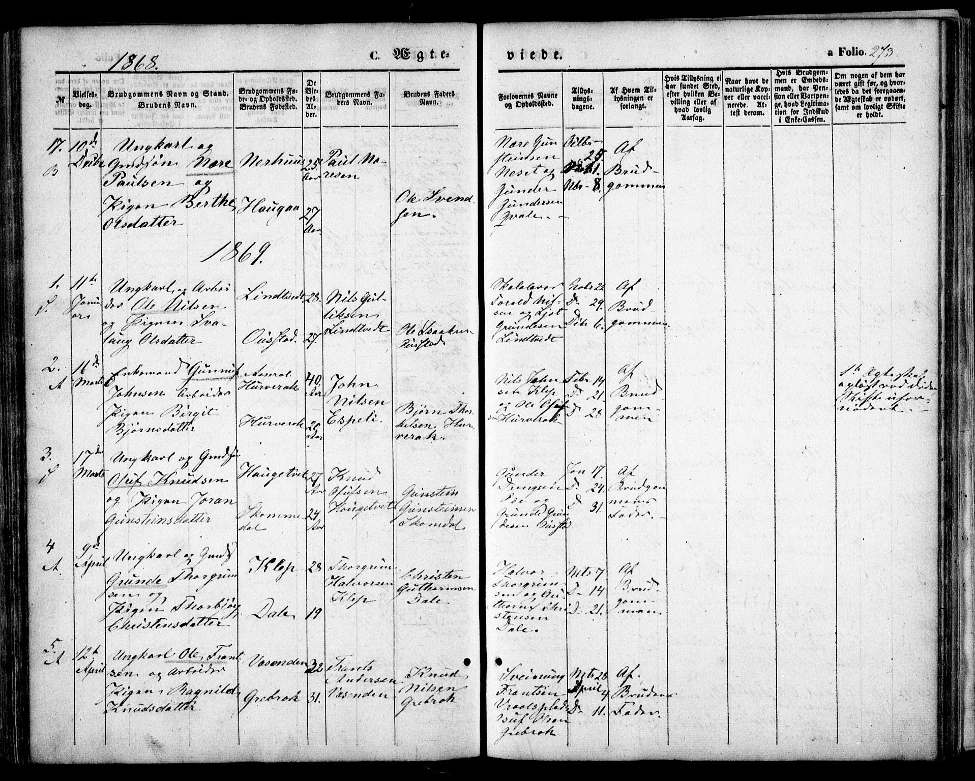 Bygland sokneprestkontor, SAK/1111-0006/F/Fa/Fab/L0005: Parish register (official) no. A 5, 1859-1873, p. 273