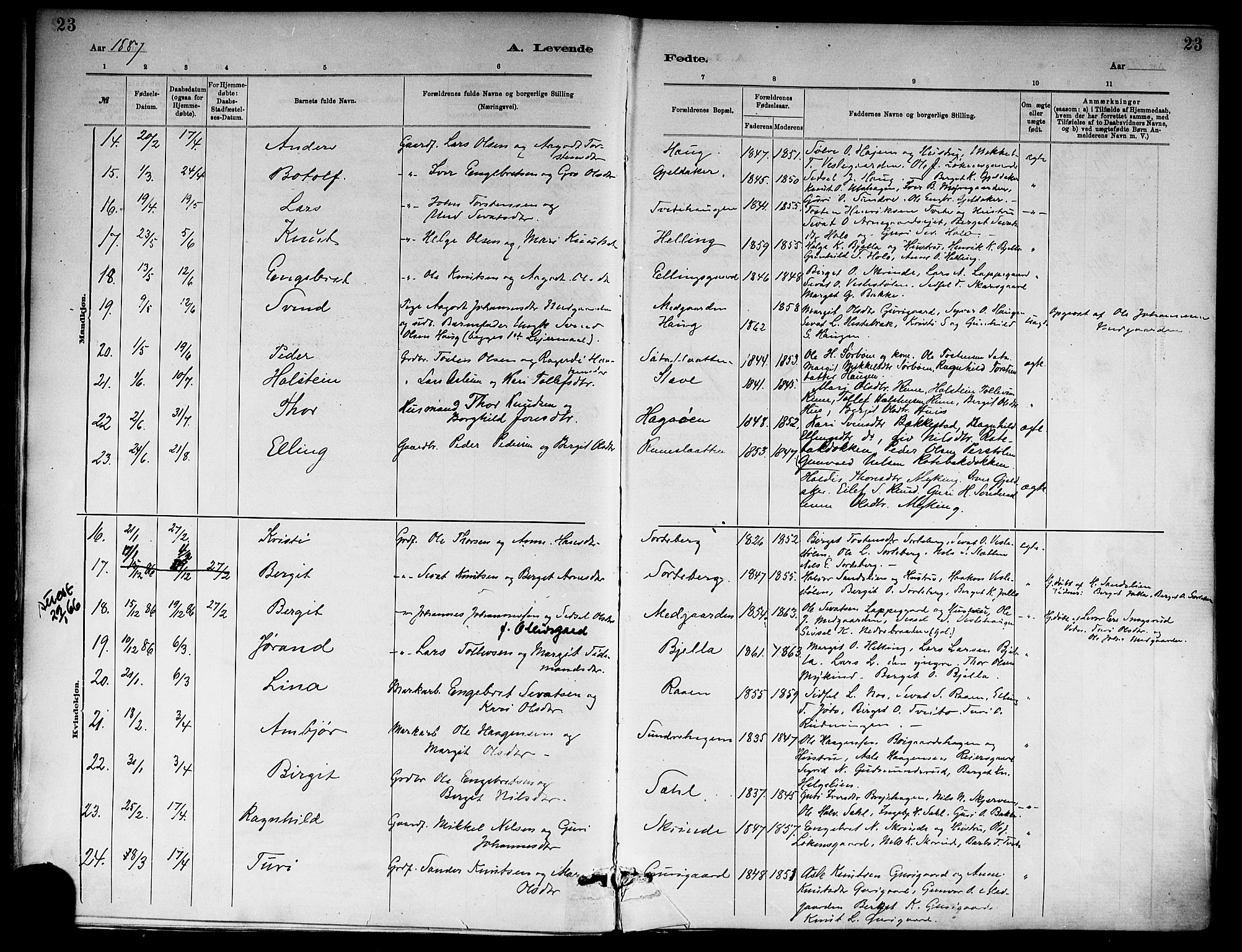 Ål kirkebøker, SAKO/A-249/F/Fa/L0008: Parish register (official) no. I 8, 1882-1896, p. 23