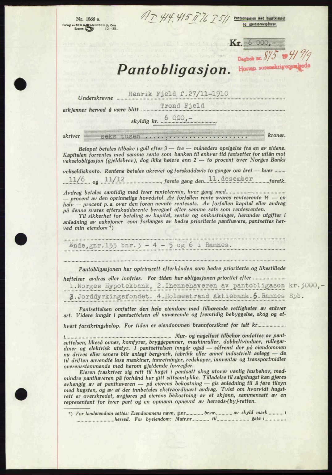 Horten sorenskriveri, SAKO/A-133/G/Ga/Gab/L0003: Mortgage book no. B-5 - B-6, 1941-1943, Diary no: : 875/1941