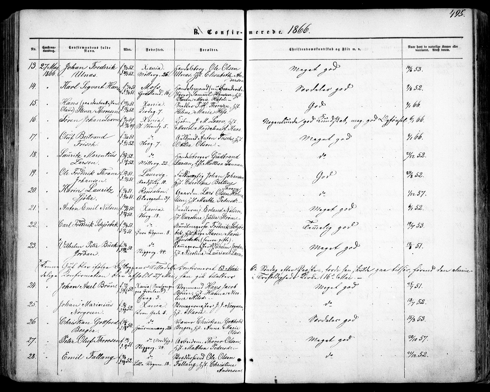 Oslo domkirke Kirkebøker, SAO/A-10752/F/Fa/L0015: Parish register (official) no. 15, 1857-1871, p. 495