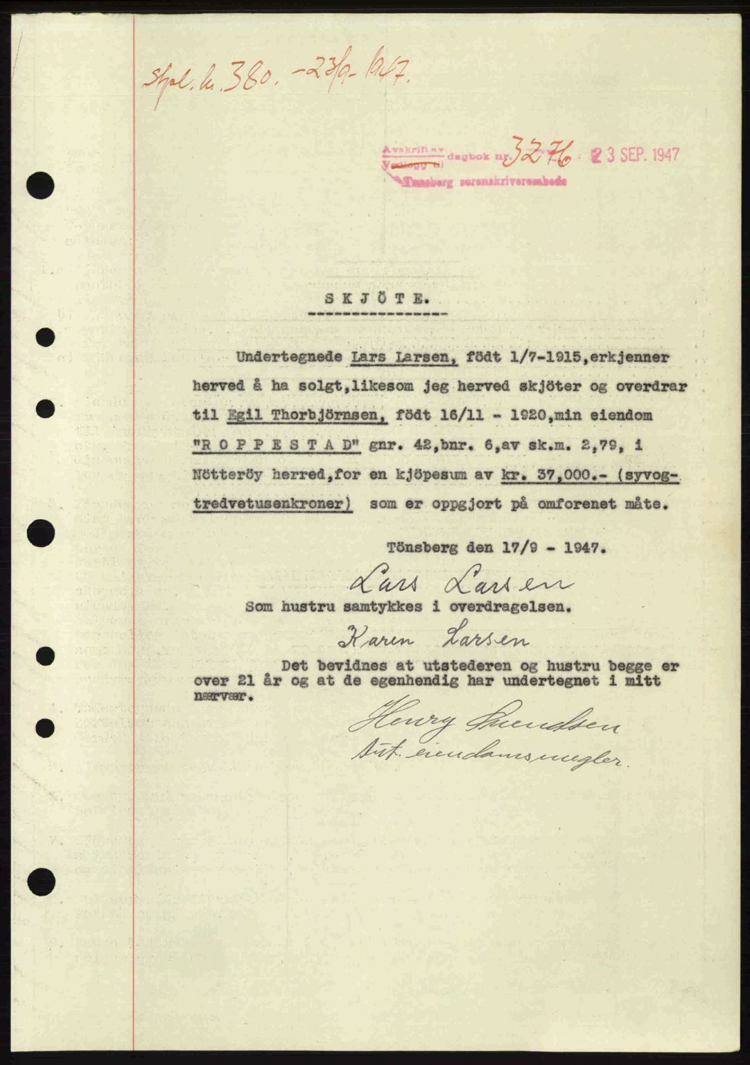 Tønsberg sorenskriveri, AV/SAKO-A-130/G/Ga/Gaa/L0022: Mortgage book no. A22, 1947-1947, Diary no: : 3276/1947