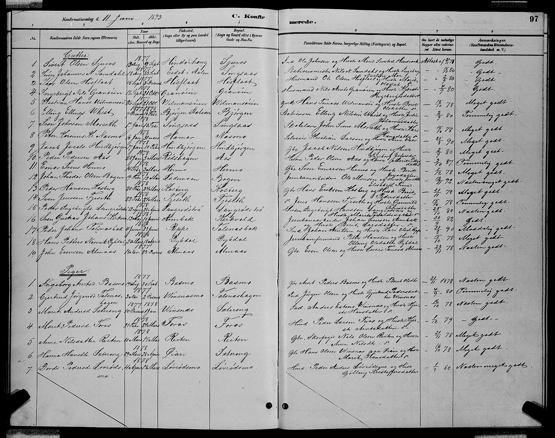 Ministerialprotokoller, klokkerbøker og fødselsregistre - Sør-Trøndelag, AV/SAT-A-1456/688/L1028: Parish register (copy) no. 688C03, 1889-1899, p. 97