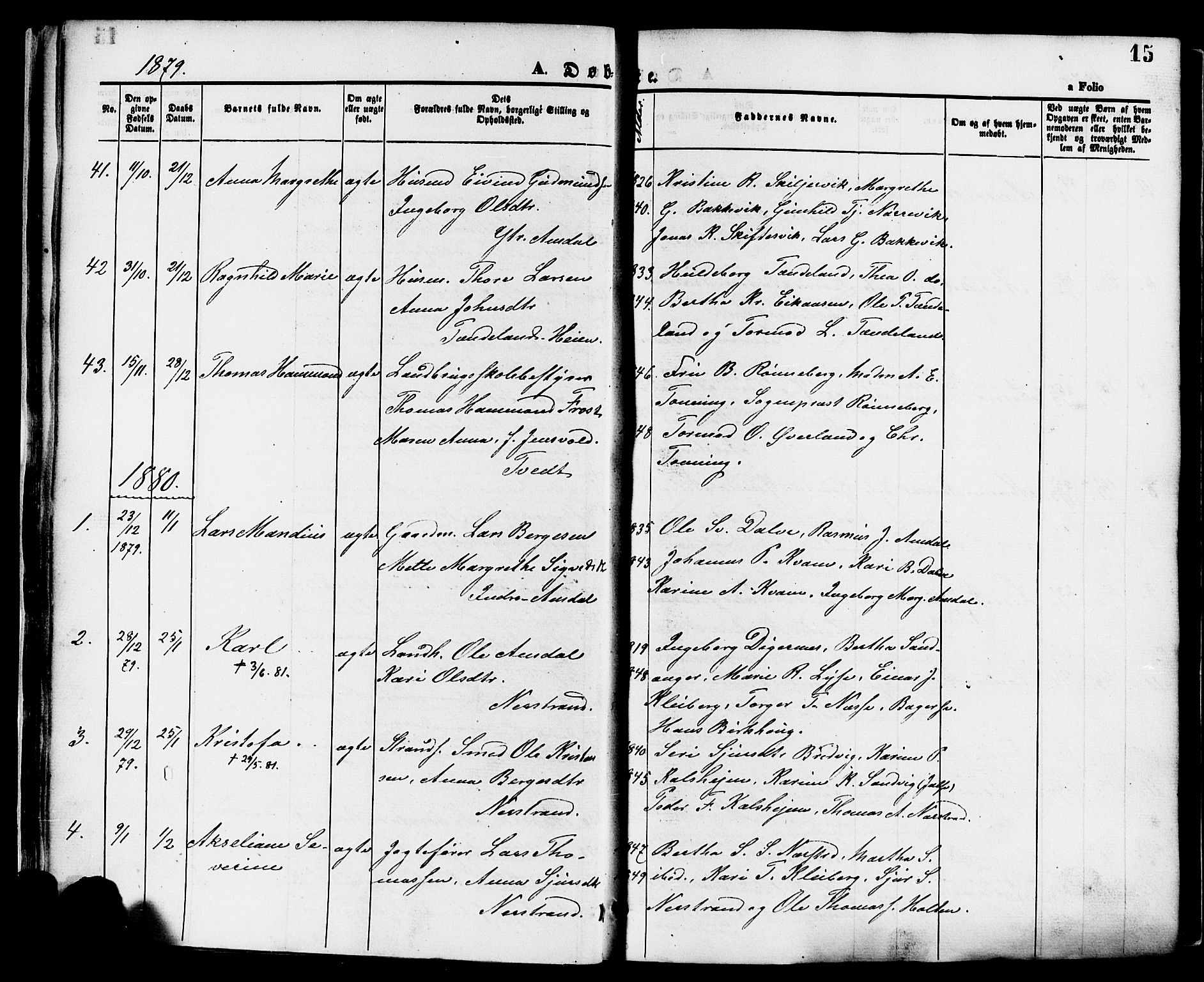 Nedstrand sokneprestkontor, SAST/A-101841/01/IV: Parish register (official) no. A 11, 1877-1887, p. 15