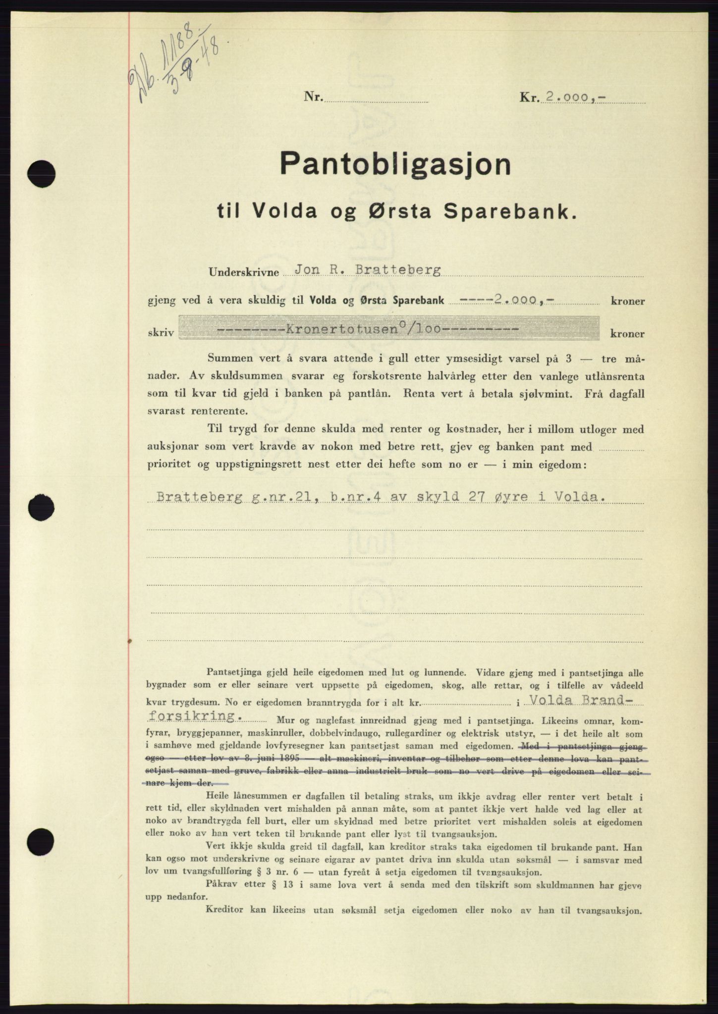 Søre Sunnmøre sorenskriveri, AV/SAT-A-4122/1/2/2C/L0116: Mortgage book no. 4B, 1948-1949, Diary no: : 1188/1948