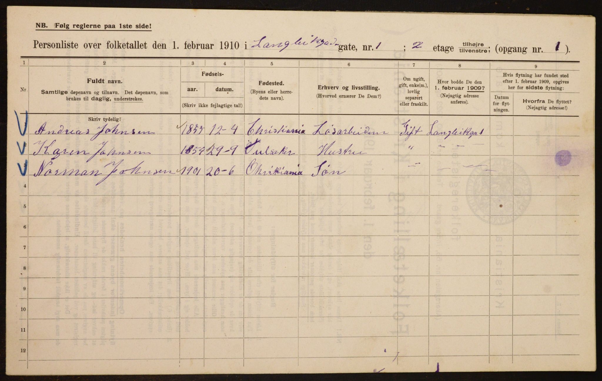 OBA, Municipal Census 1910 for Kristiania, 1910, p. 54895