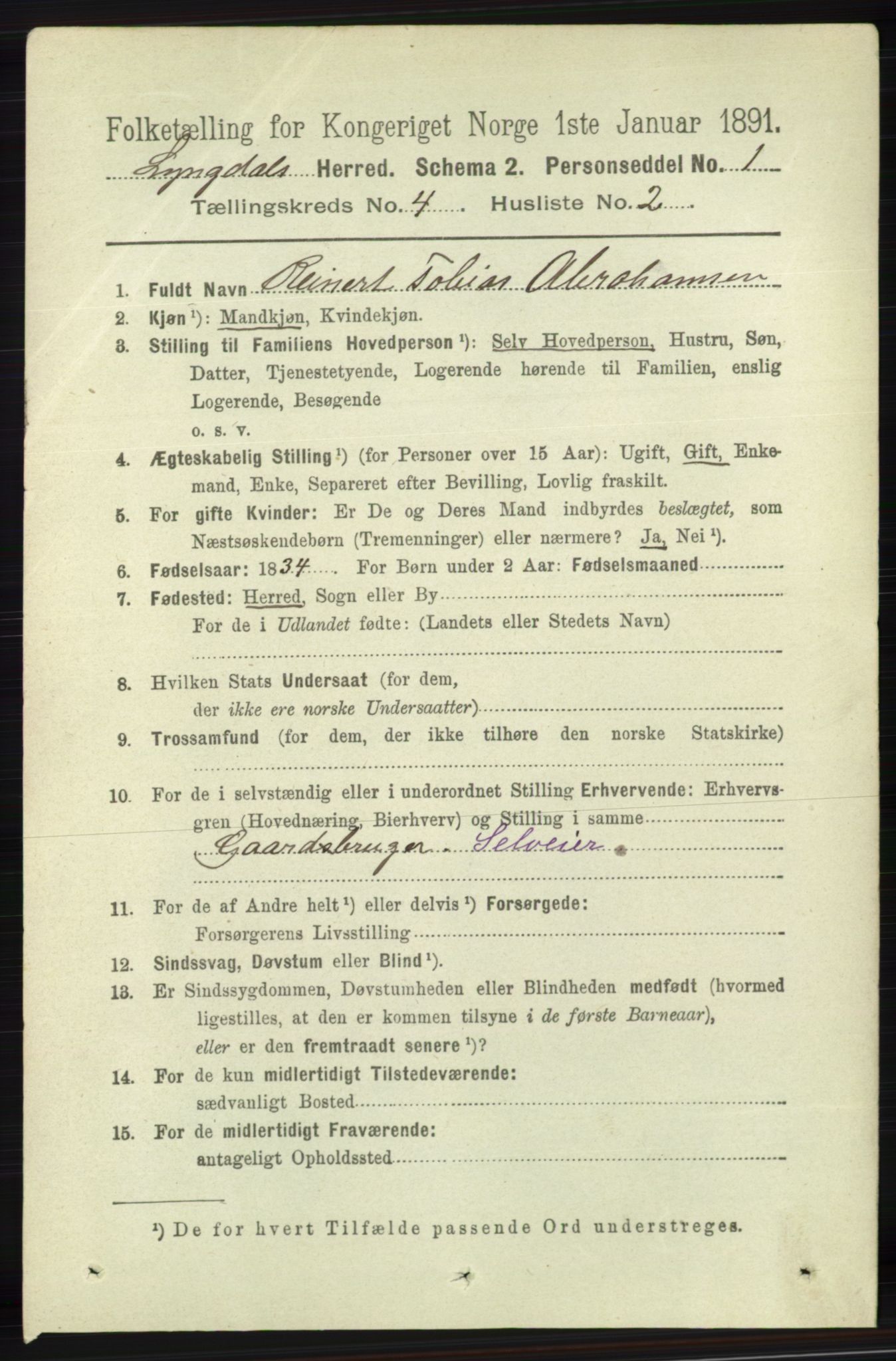 RA, 1891 census for 1032 Lyngdal, 1891, p. 1432