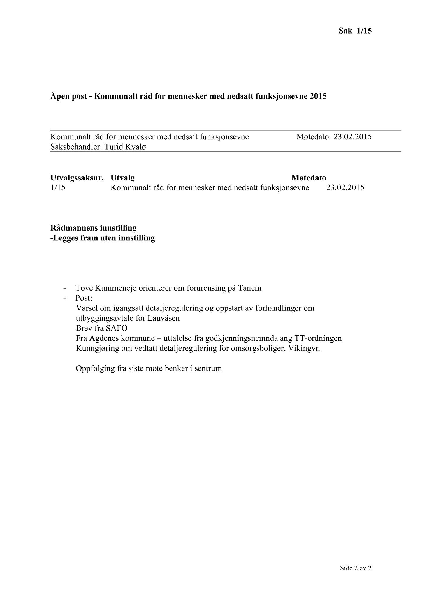 Klæbu Kommune, TRKO/KK/08-KMNF/L005: Kommunalt råd for mennesker med nedsatt funksjonsevne - Møteoversikt, 2015, p. 3