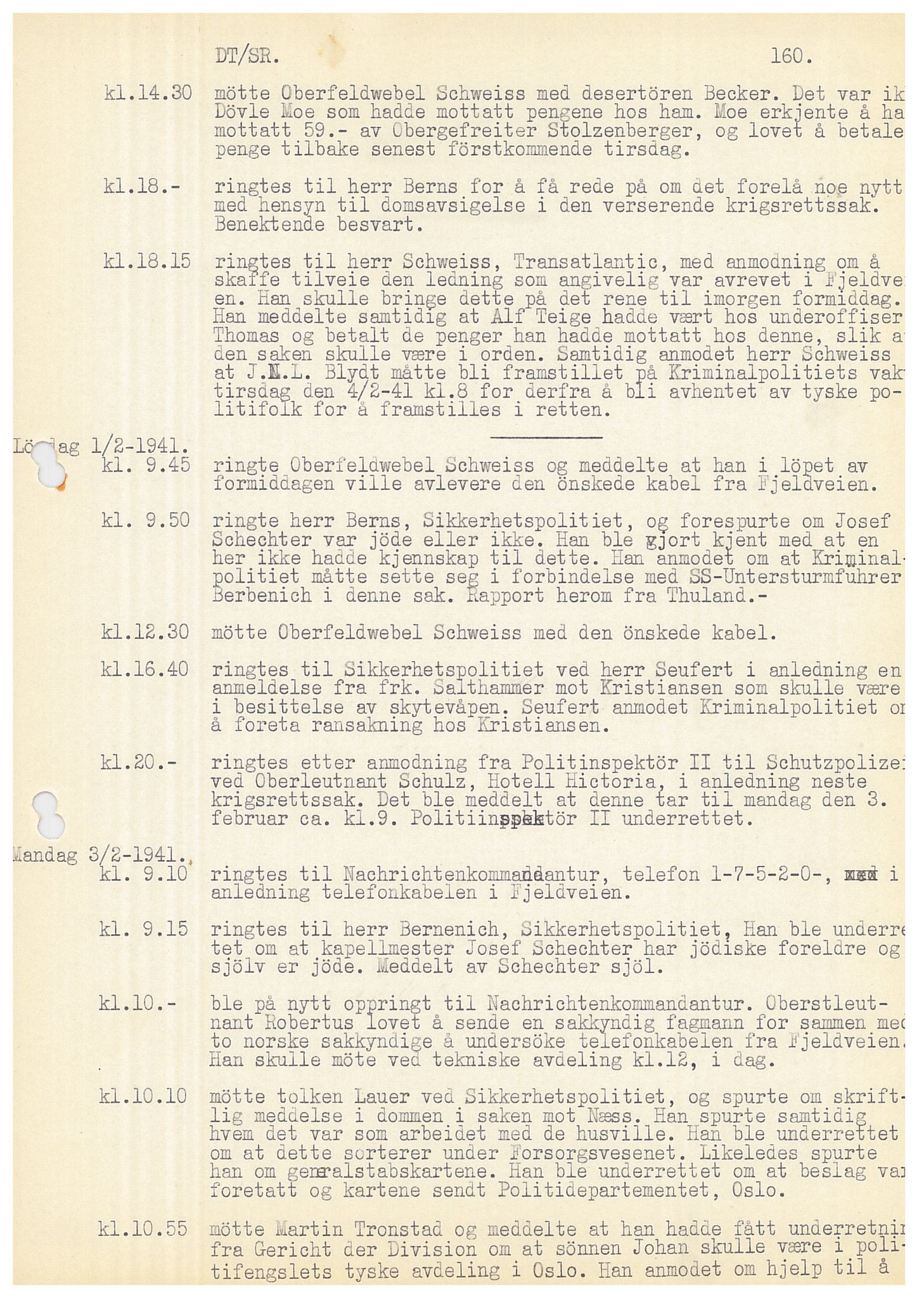 Bergen politikammer / politidistrikt, SAB/A-60401/Y/Ye/L0001: Avskrift av krigsdagbok av Dankert Thuland, 1940-1941, p. 160