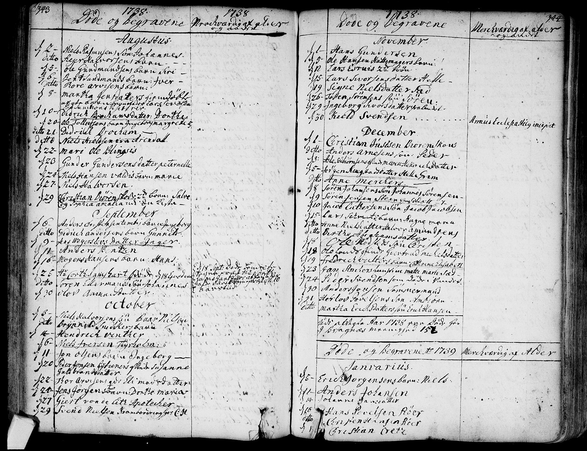 Bragernes kirkebøker, SAKO/A-6/F/Fa/L0004: Parish register (official) no. I 4, 1734-1759, p. 343-344