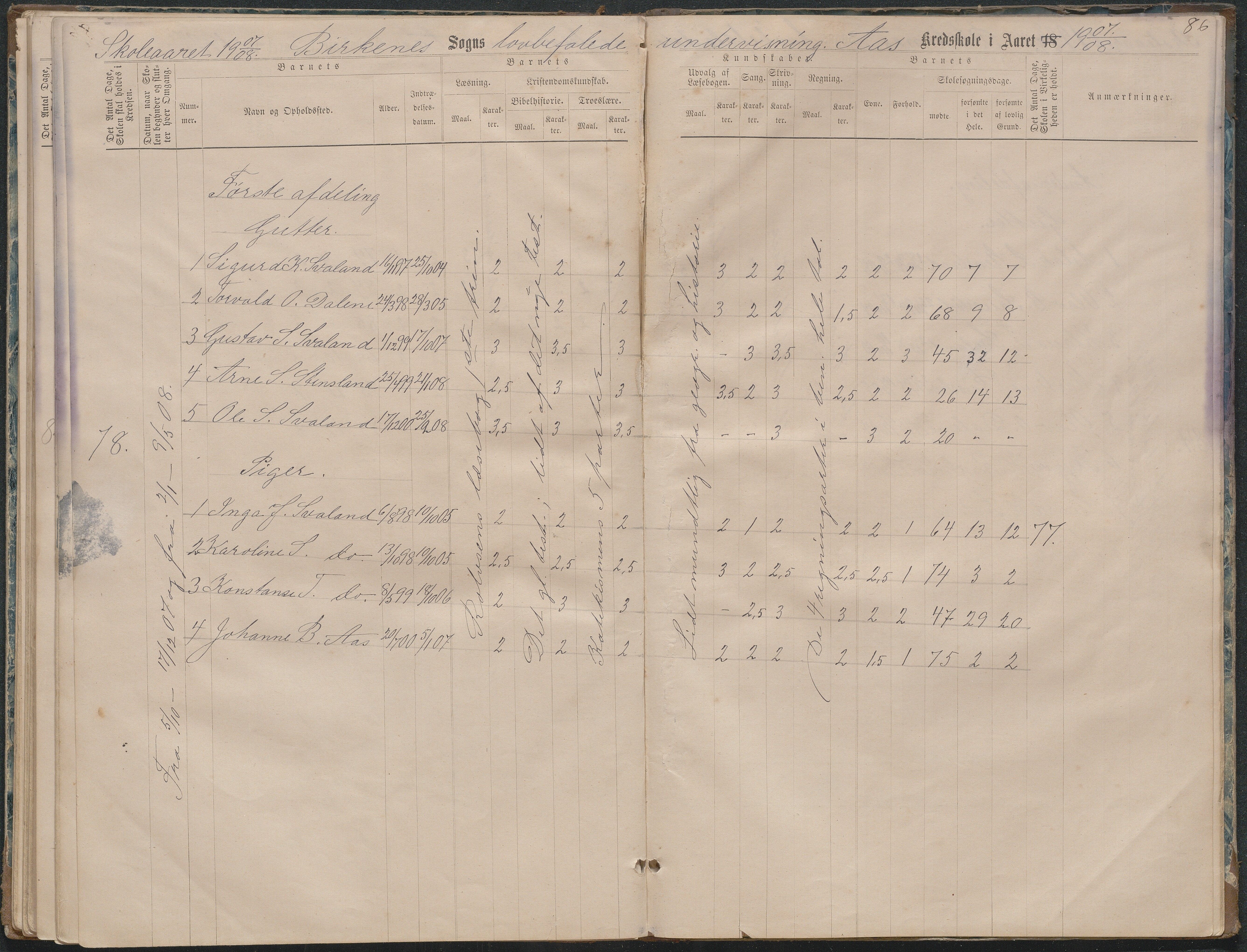 Birkenes kommune, Ås/Svaland skolekrets, AAKS/KA0928-550i_91/F02/L0001: Skoleprotokoll Svaland, Skjerkilen, Ås, 1875-1914, p. 86