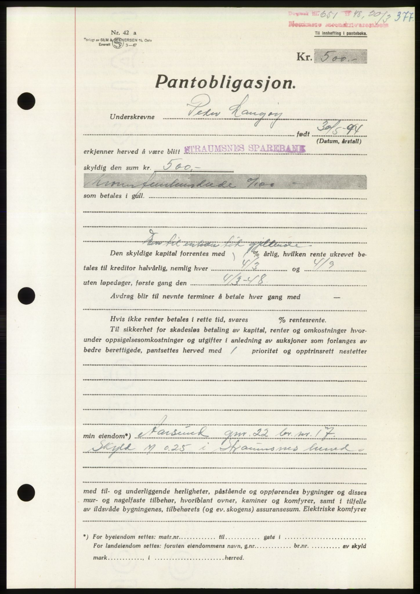 Nordmøre sorenskriveri, AV/SAT-A-4132/1/2/2Ca: Mortgage book no. B98, 1948-1948, Diary no: : 651/1948