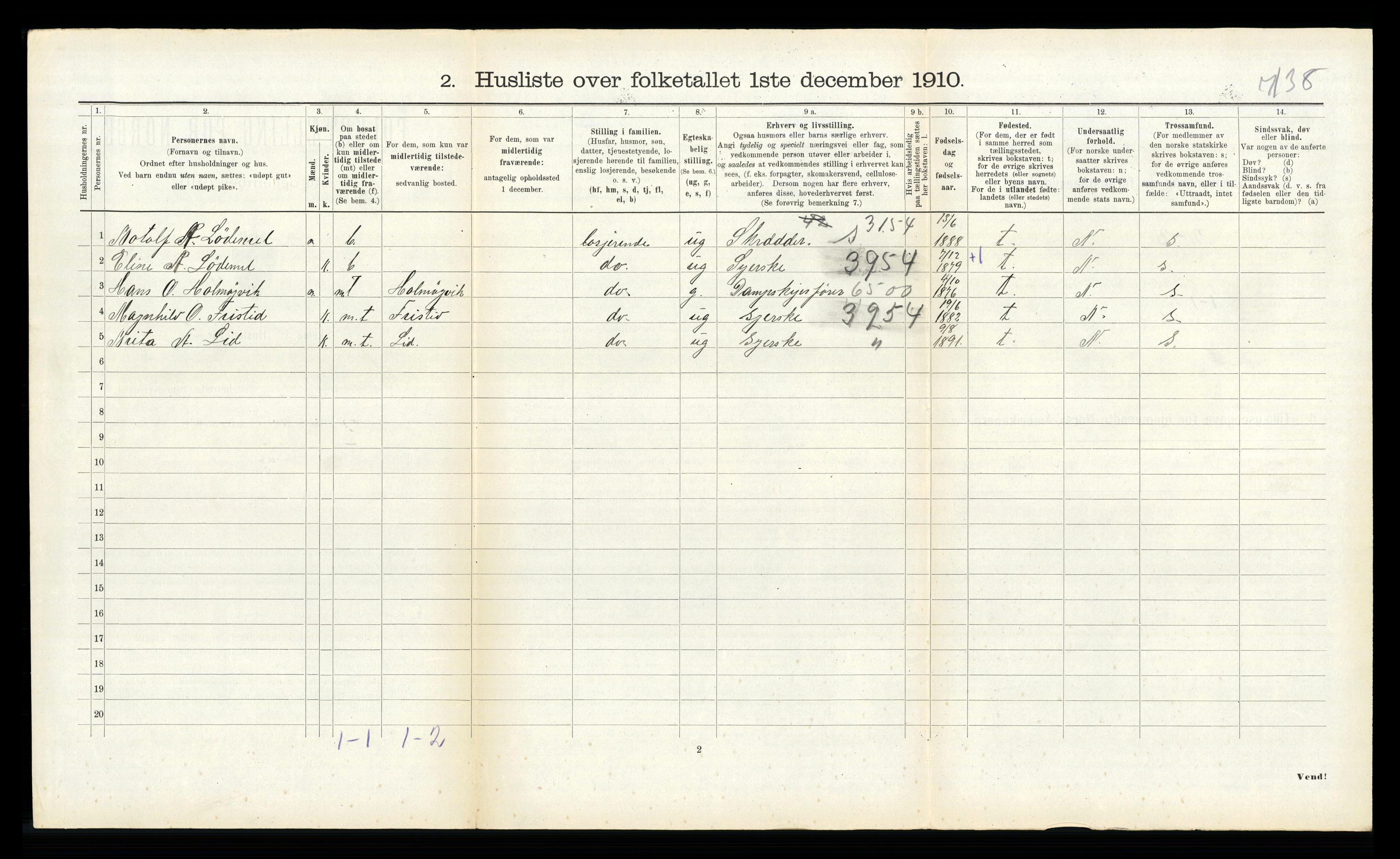 RA, 1910 census for Hornindal, 1910, p. 421