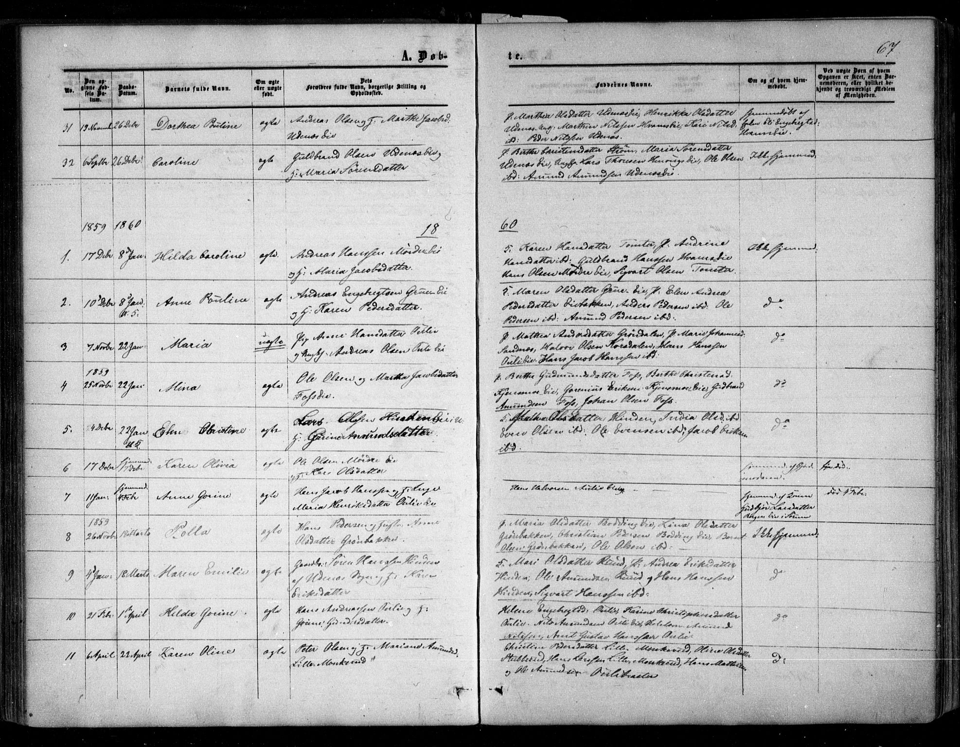 Nes prestekontor Kirkebøker, AV/SAO-A-10410/F/Fc/L0001: Parish register (official) no. III 1, 1859-1882, p. 67