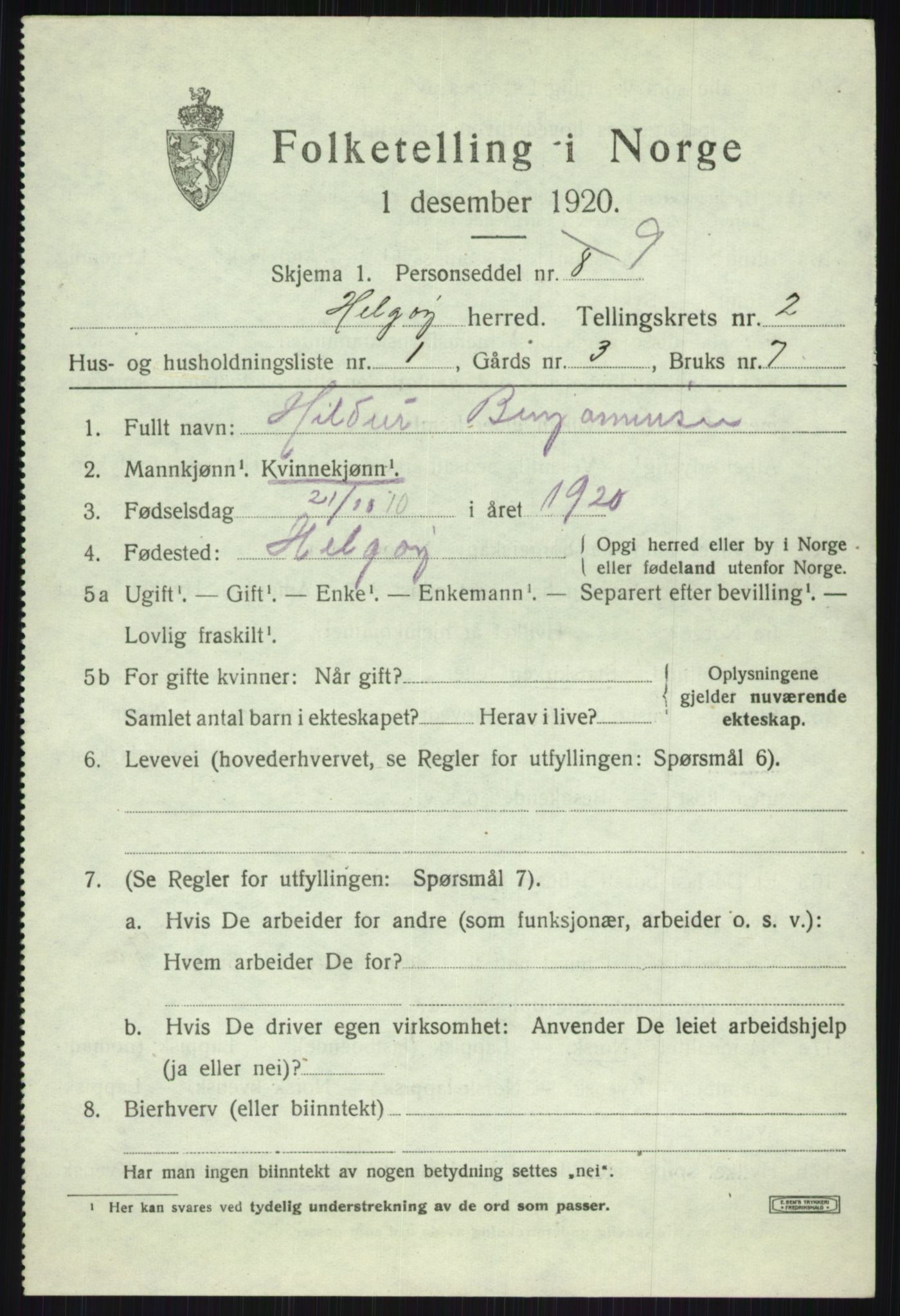 SATØ, 1920 census for Helgøy, 1920, p. 1133