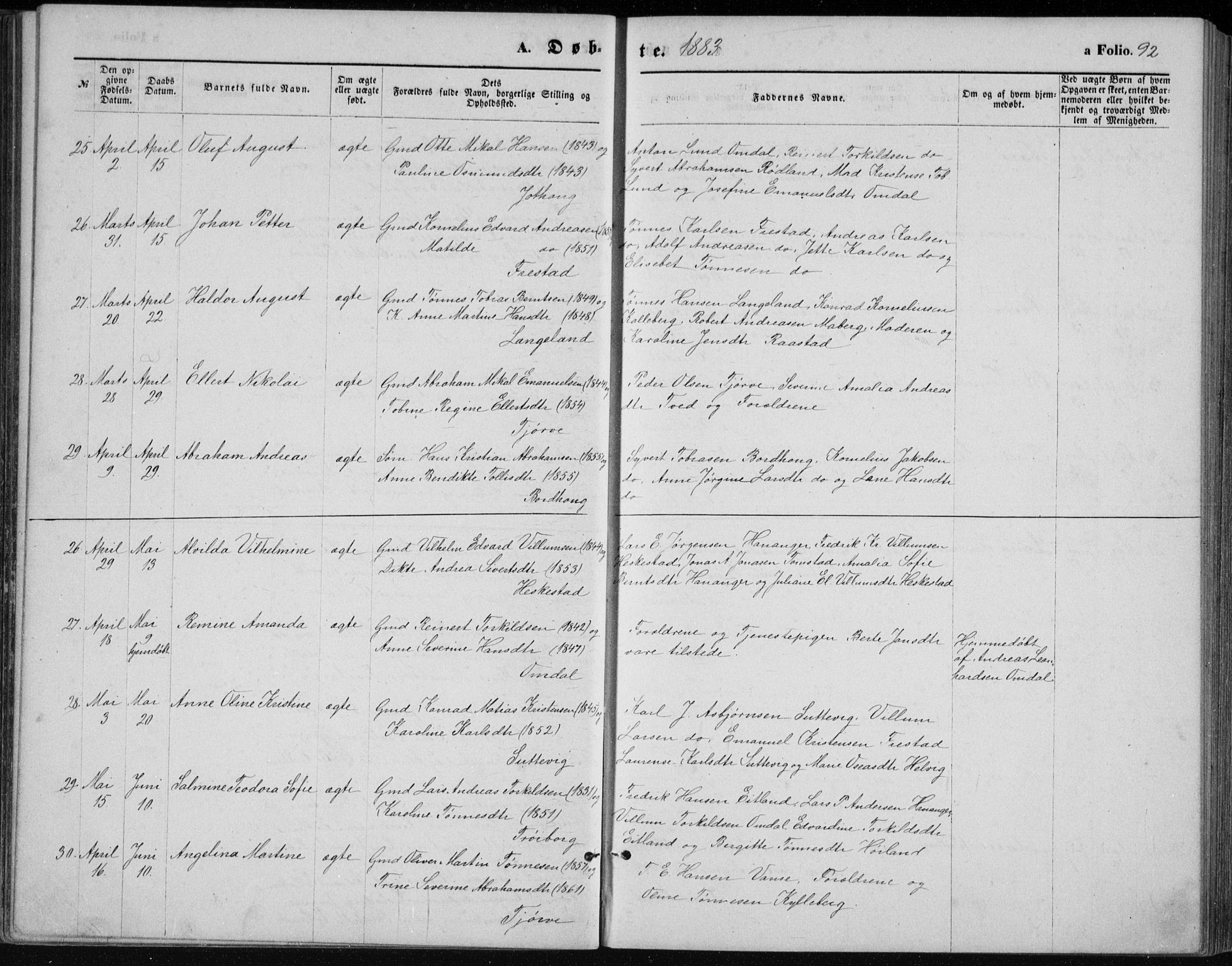 Lista sokneprestkontor, AV/SAK-1111-0027/F/Fb/L0004: Parish register (copy) no. B 4, 1877-1891, p. 92