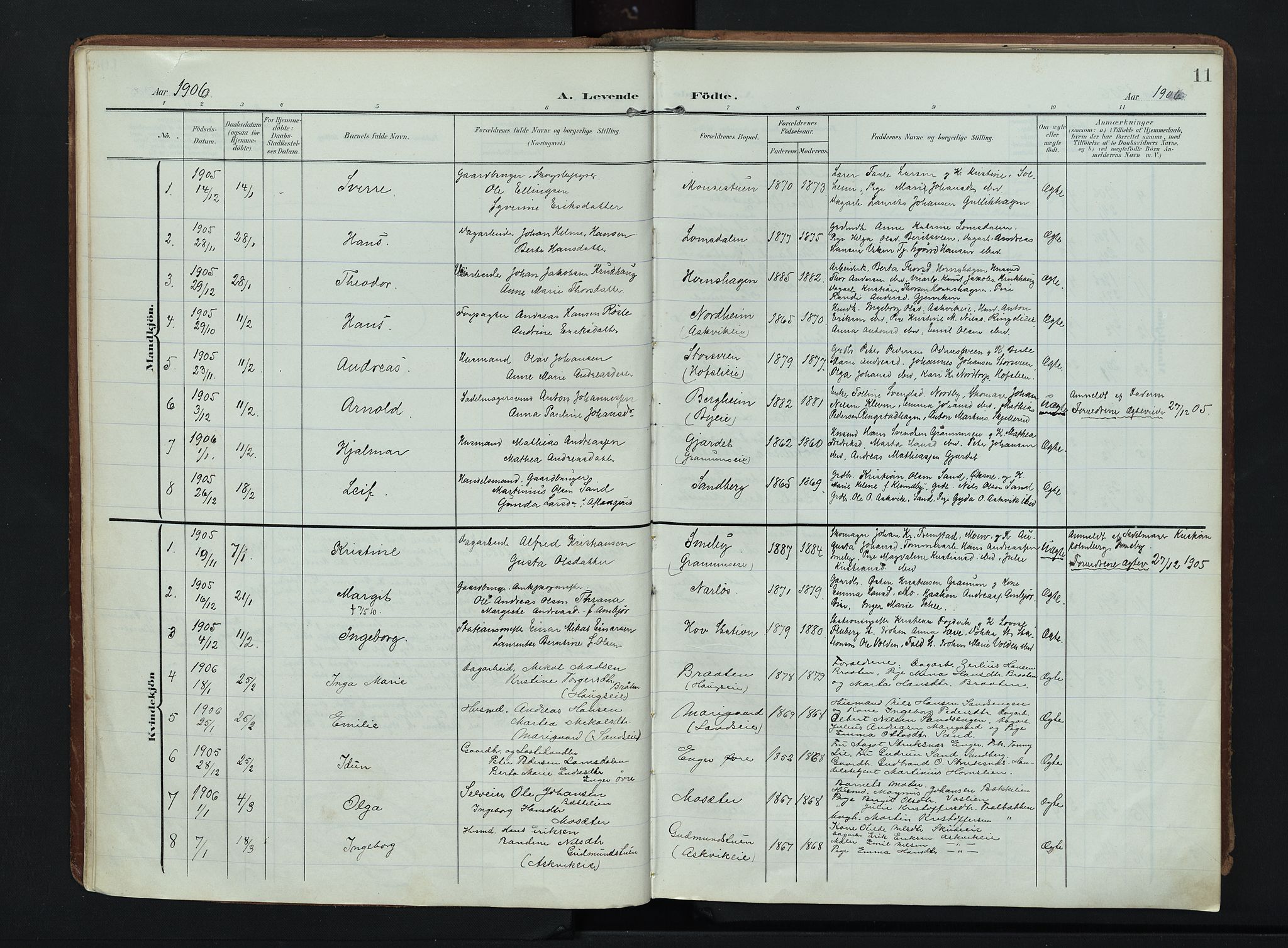 Søndre Land prestekontor, SAH/PREST-122/K/L0007: Parish register (official) no. 7, 1905-1914, p. 11