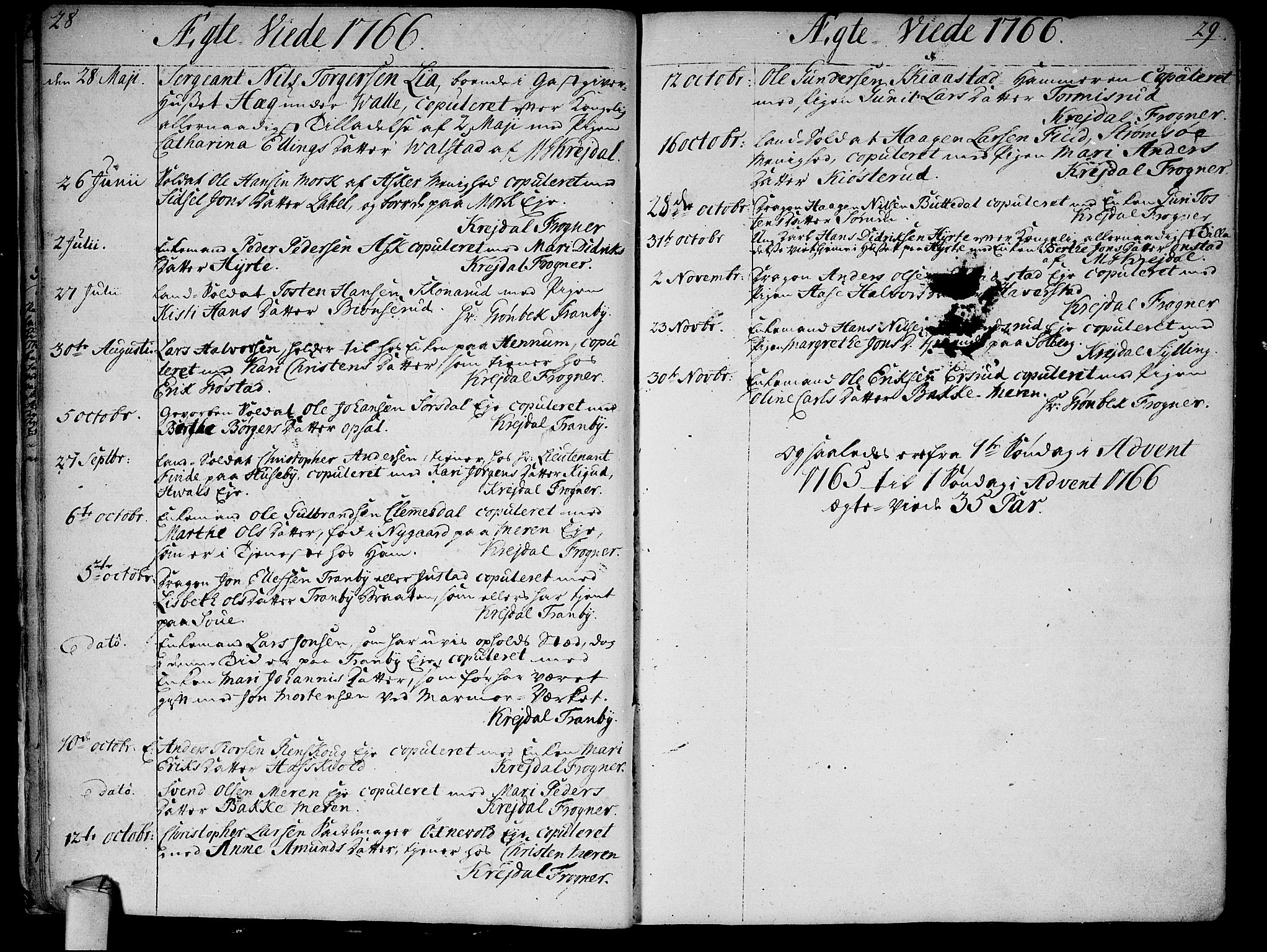 Lier kirkebøker, AV/SAKO-A-230/F/Fa/L0005: Parish register (official) no. I 5, 1764-1777, p. 28-29