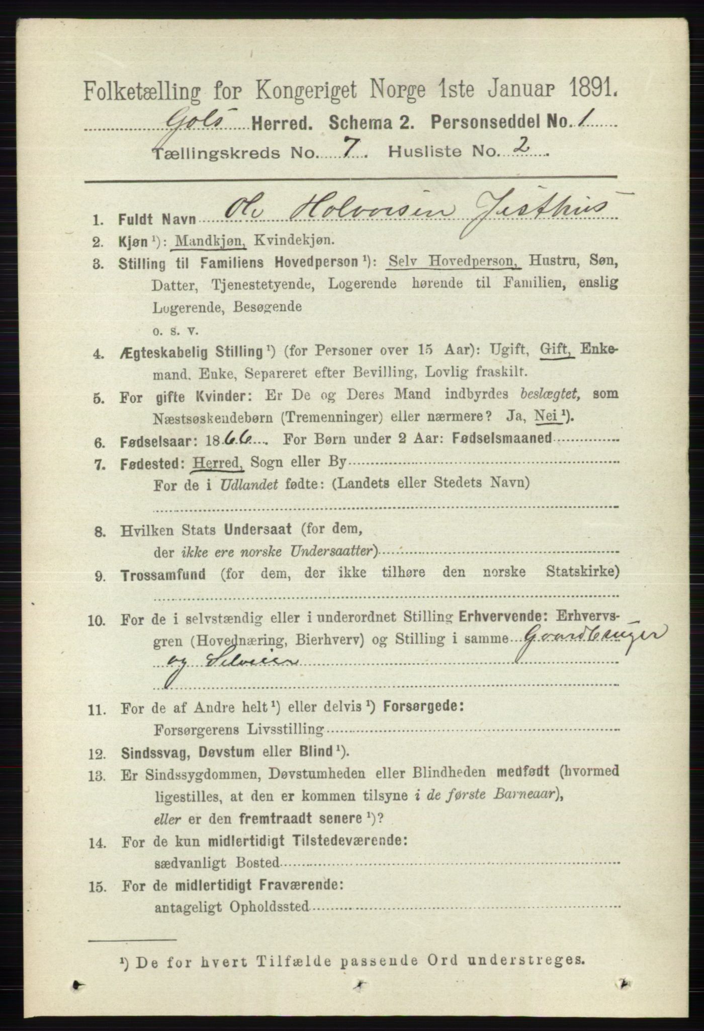 RA, 1891 census for 0617 Gol og Hemsedal, 1891, p. 2808
