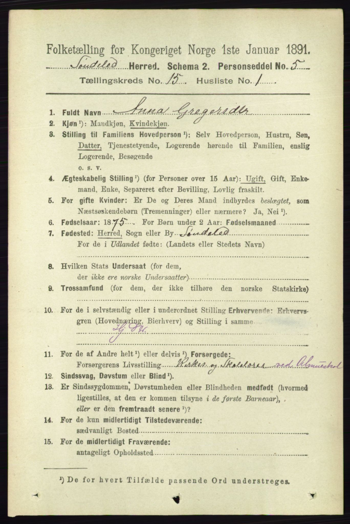 RA, 1891 census for 0913 Søndeled, 1891, p. 4332