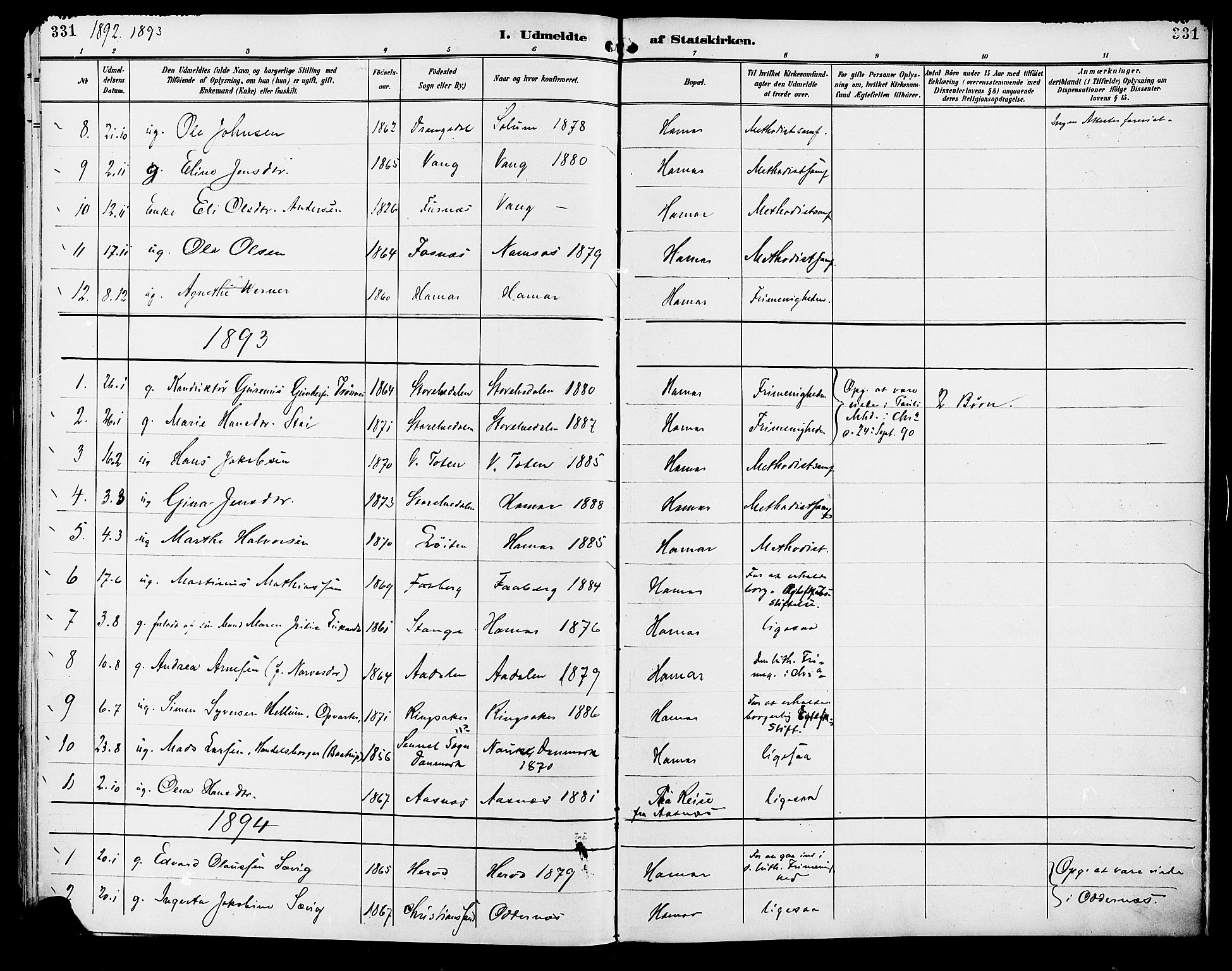 Vang prestekontor, Hedmark, SAH/PREST-008/H/Ha/Haa/L0017: Parish register (official) no. 17, 1890-1899, p. 331