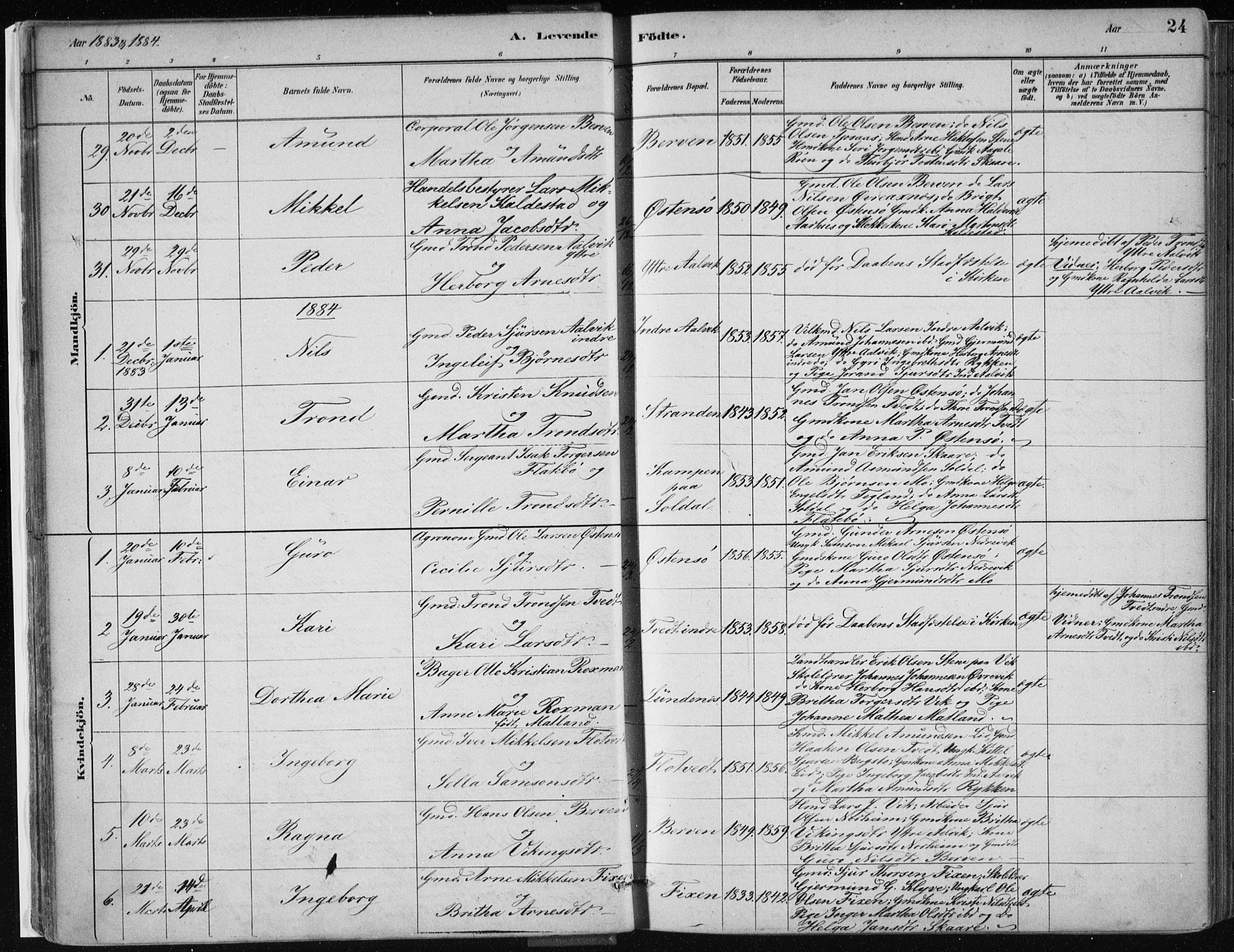 Kvam sokneprestembete, SAB/A-76201/H/Haa: Parish register (official) no. C  1, 1880-1906, p. 24