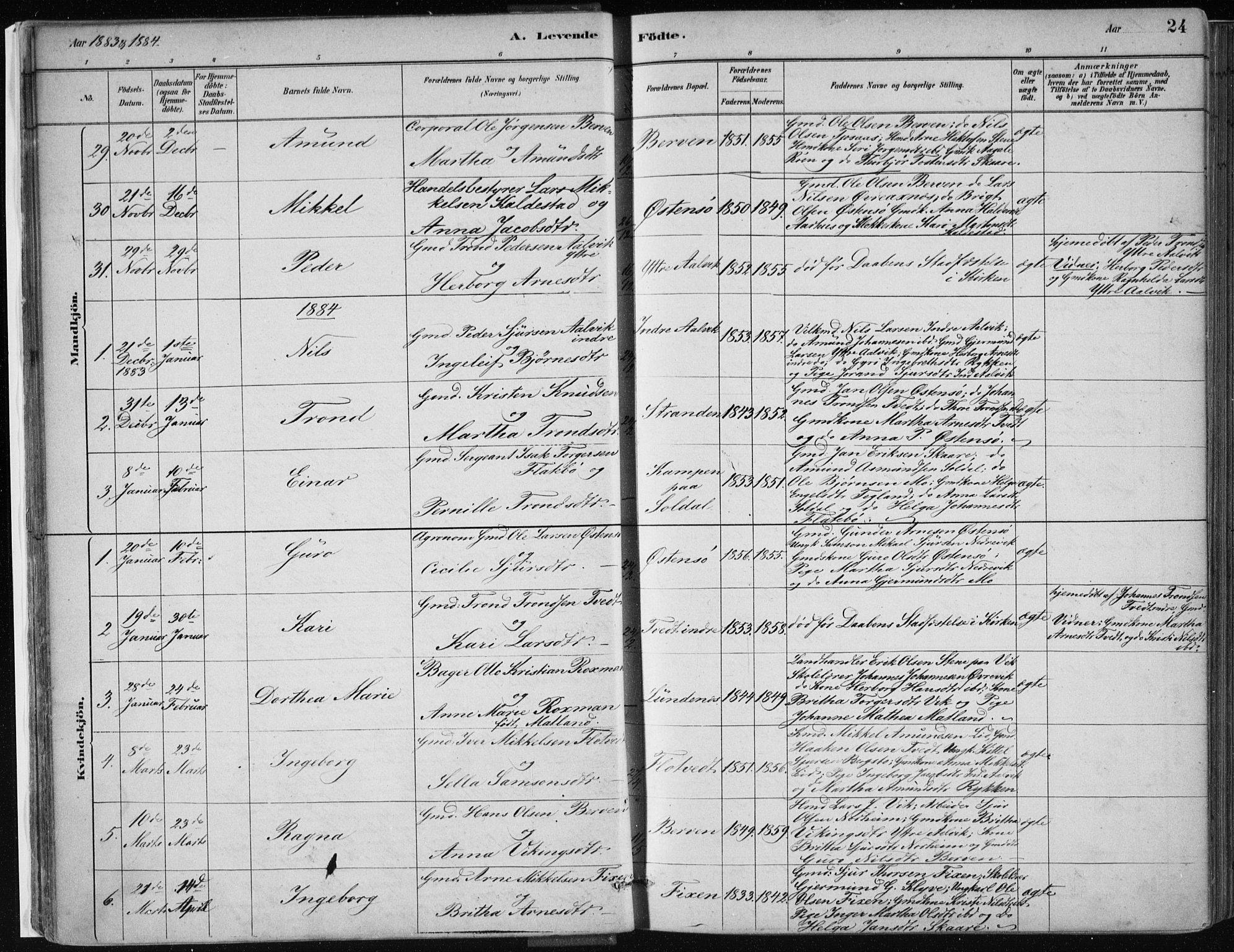 Kvam sokneprestembete, AV/SAB-A-76201/H/Haa: Parish register (official) no. C  1, 1880-1906, p. 24