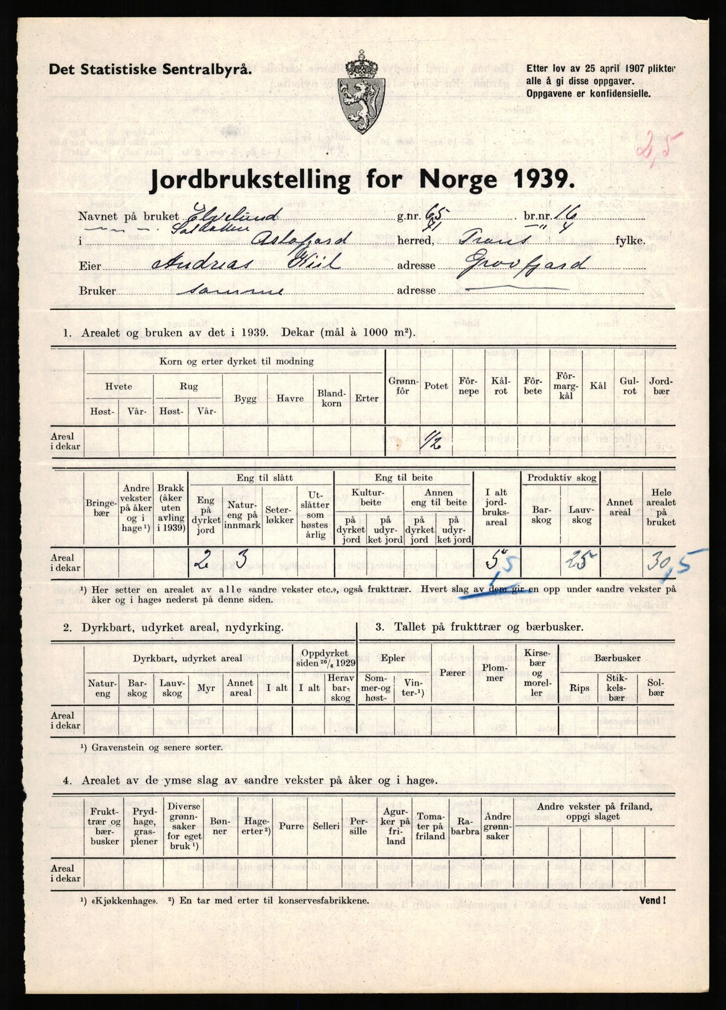 Statistisk sentralbyrå, Næringsøkonomiske emner, Jordbruk, skogbruk, jakt, fiske og fangst, AV/RA-S-2234/G/Gb/L0339: Troms: Andørja, Astafjord og Lavangen, 1939, p. 21