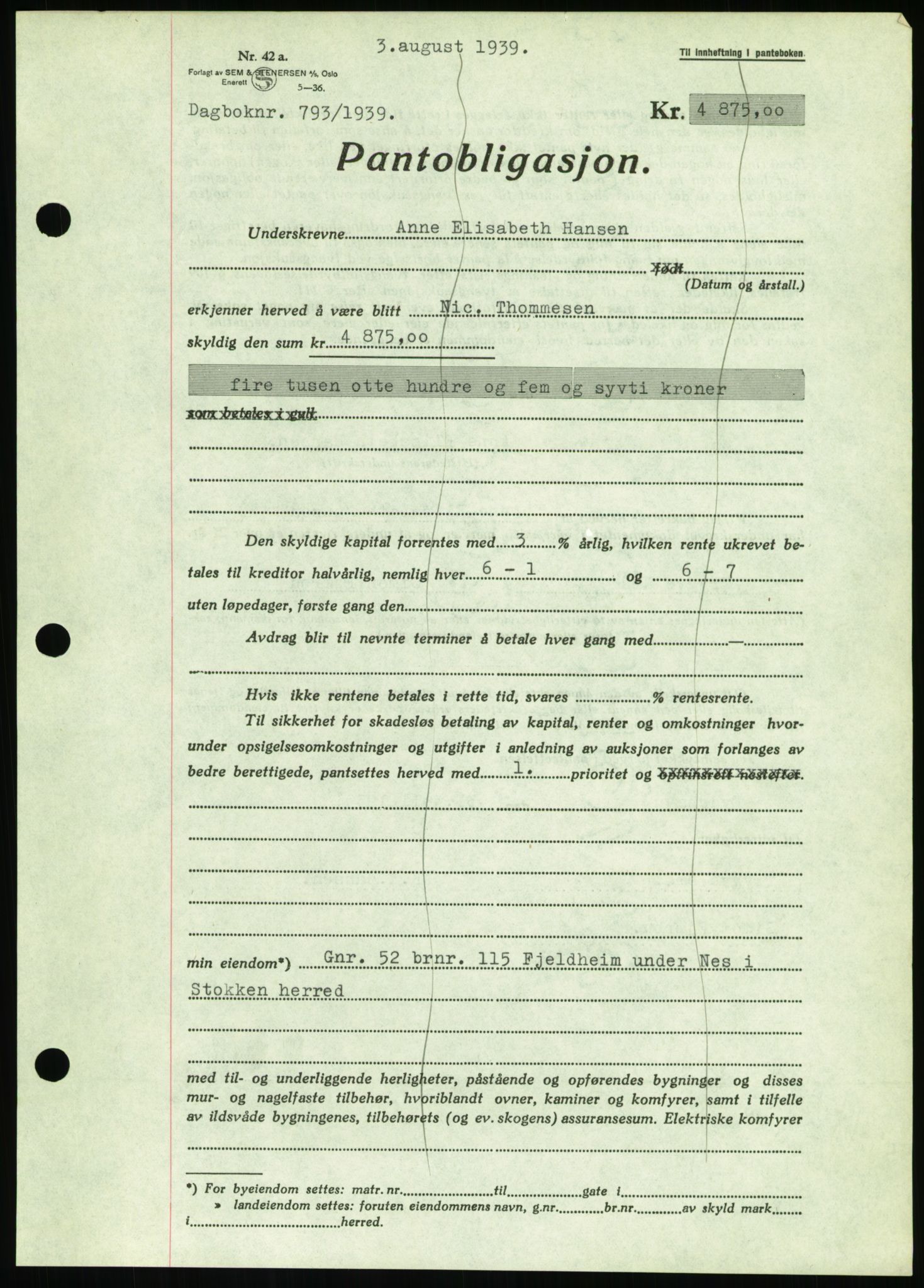 Nedenes sorenskriveri, AV/SAK-1221-0006/G/Gb/Gbb/L0001: Mortgage book no. I, 1939-1942, Diary no: : 793/1939