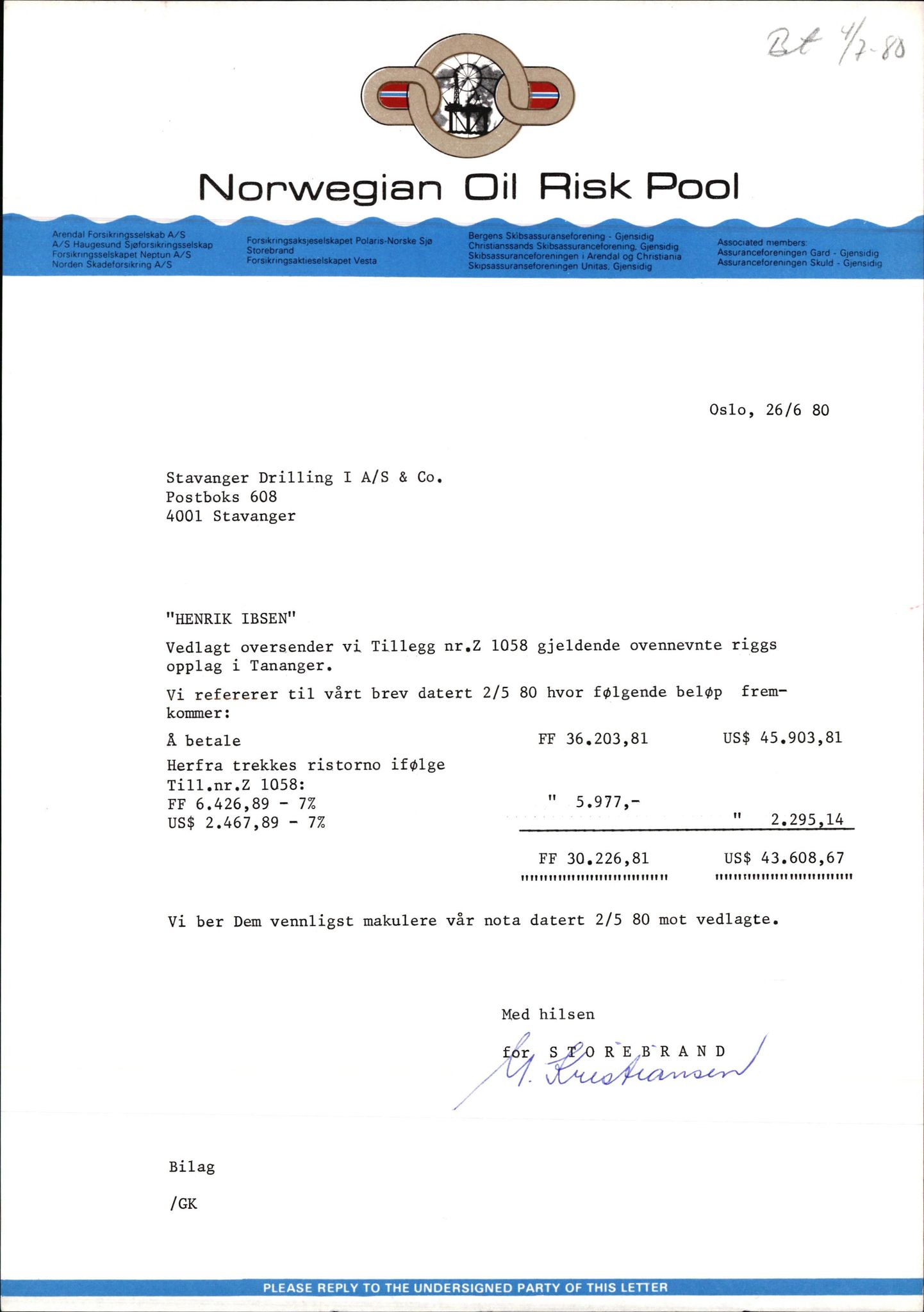 Pa 1503 - Stavanger Drilling AS, AV/SAST-A-101906/2/E/Ec/Eca/L0009: Forsikring, 1975-1980