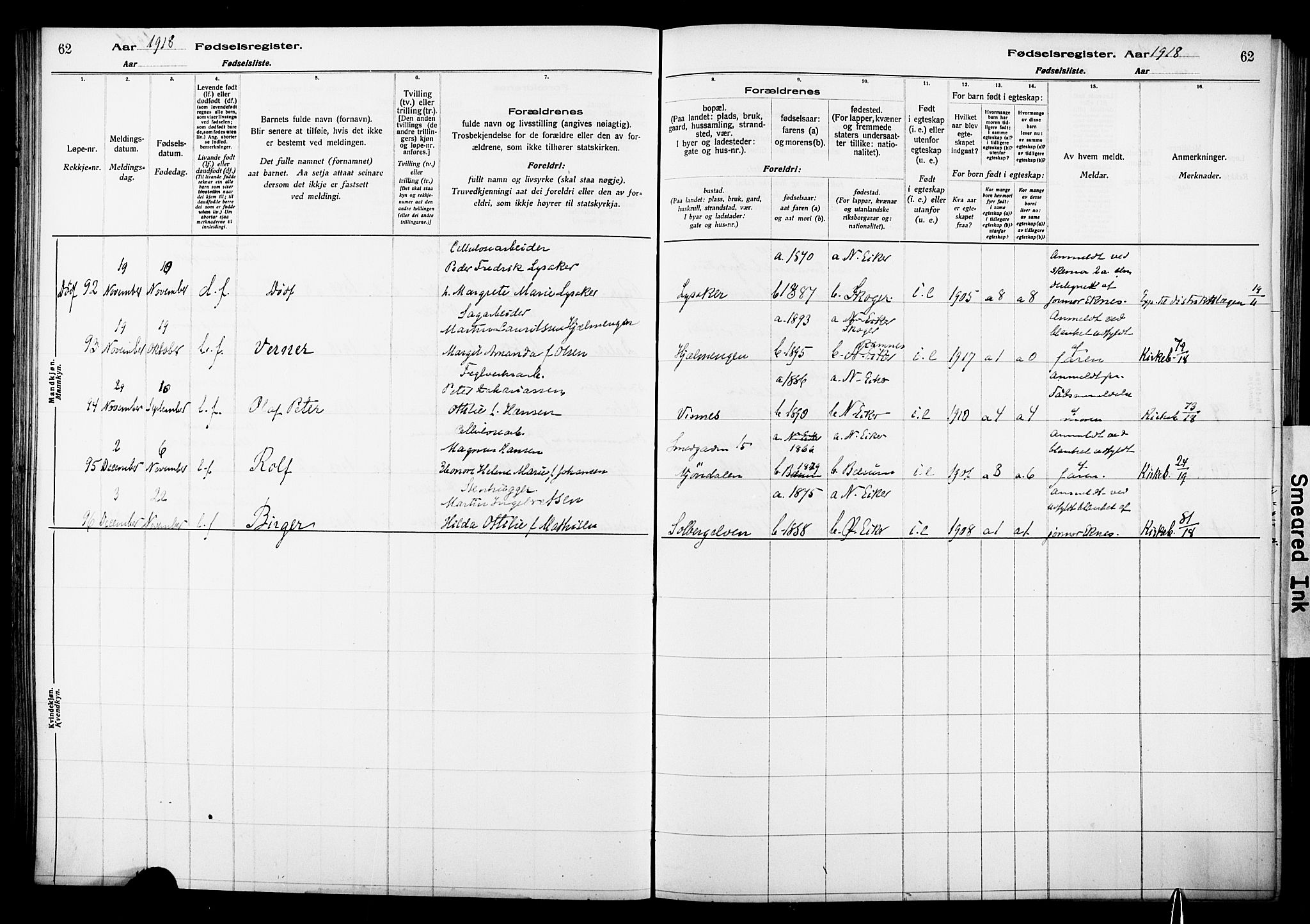 Nedre Eiker kirkebøker, AV/SAKO-A-612/J/Ja/L0001: Birth register no. 1, 1916-1925, p. 62