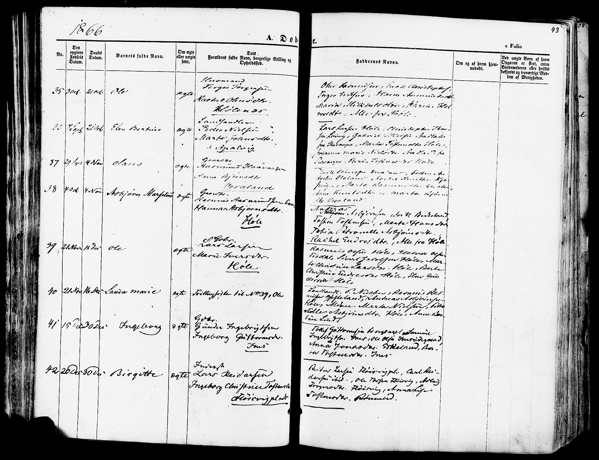 Høgsfjord sokneprestkontor, SAST/A-101624/H/Ha/Haa/L0002: Parish register (official) no. A 2, 1855-1885, p. 43
