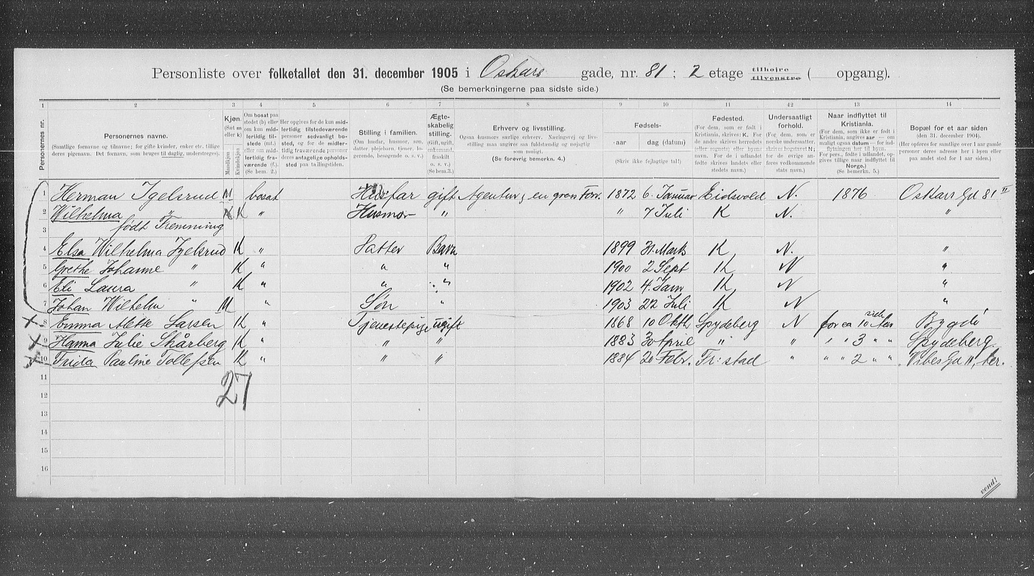 OBA, Municipal Census 1905 for Kristiania, 1905, p. 40434