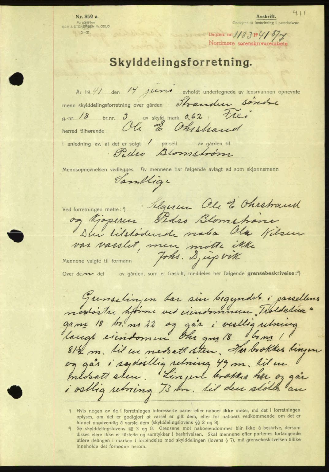 Nordmøre sorenskriveri, SAT/A-4132/1/2/2Ca: Mortgage book no. A90, 1941-1941, Diary no: : 1183/1941