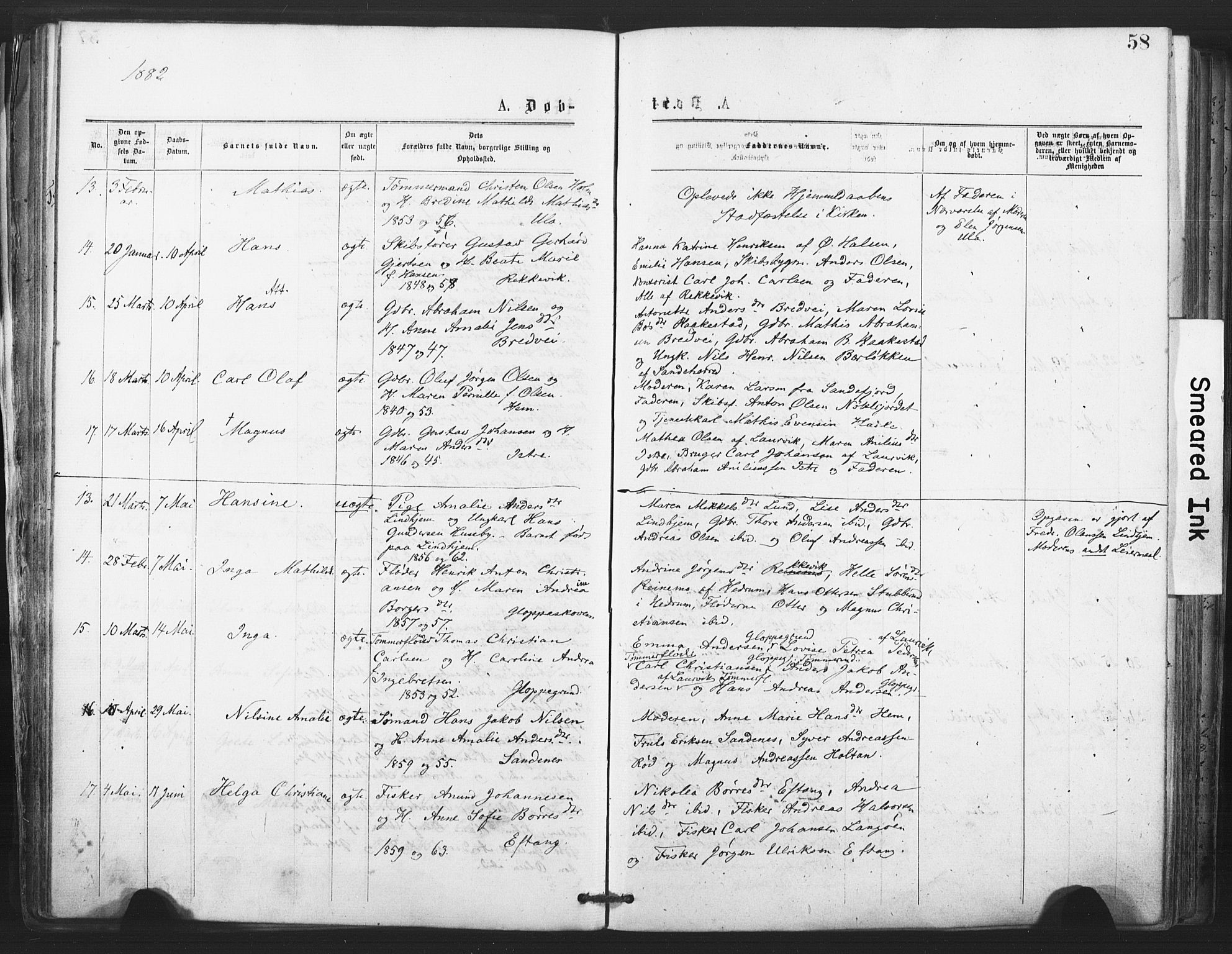 Tjølling kirkebøker, AV/SAKO-A-60/F/Fa/L0008: Parish register (official) no. 8, 1877-1886, p. 58