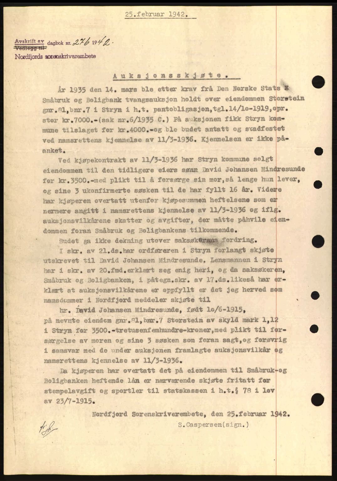 Nordfjord sorenskriveri, SAB/A-2801/02/02b/02bj/L0007: Mortgage book no. A7, 1941-1943, Diary no: : 265/1942