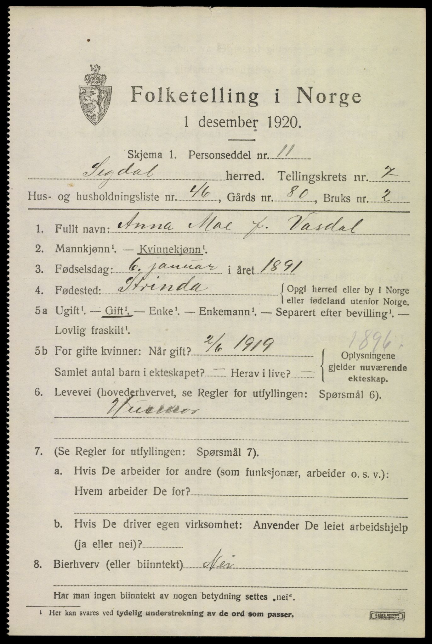 SAKO, 1920 census for Sigdal, 1920, p. 5980