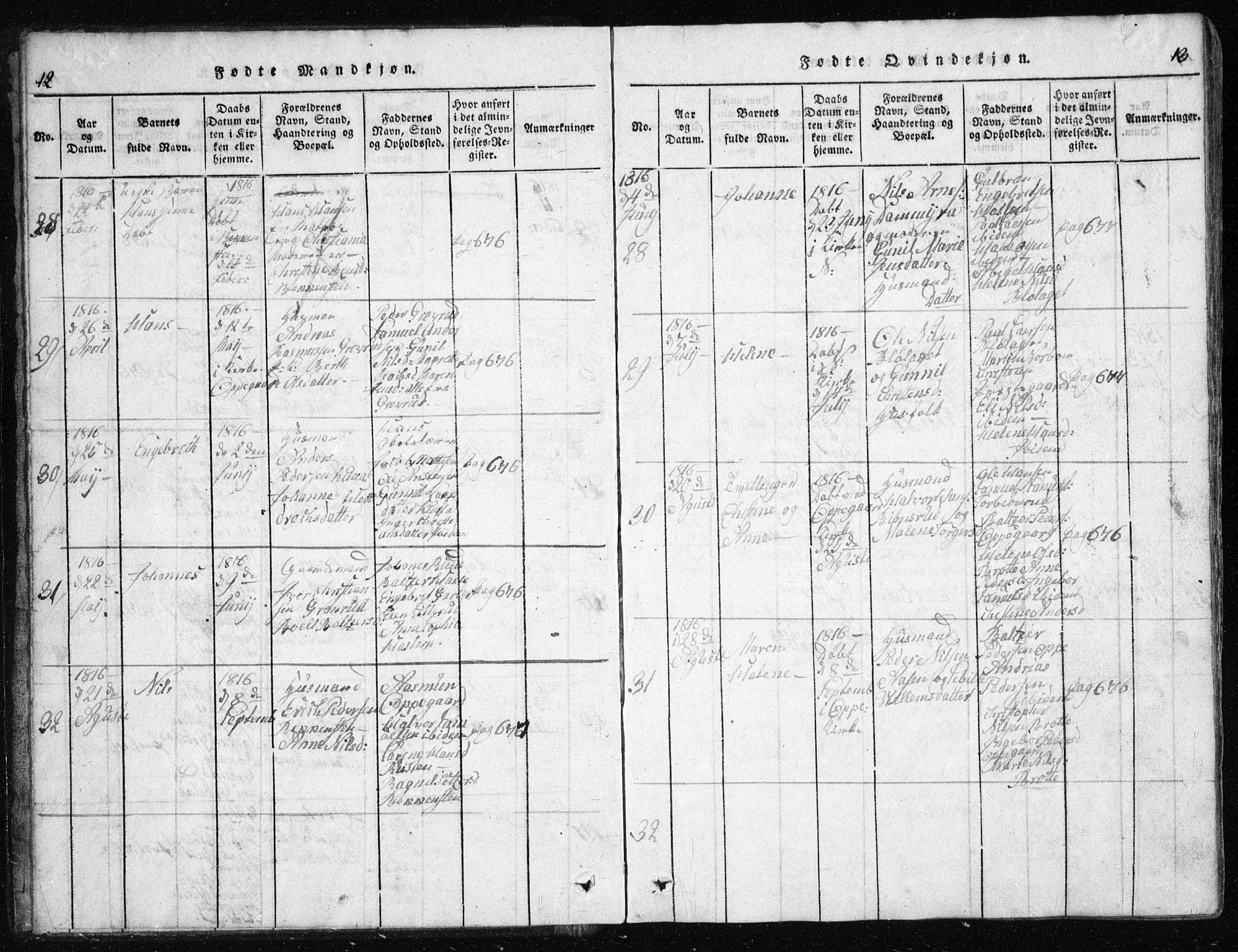 Nesodden prestekontor Kirkebøker, AV/SAO-A-10013/G/Ga/L0001: Parish register (copy) no. I 1, 1814-1847, p. 12-13