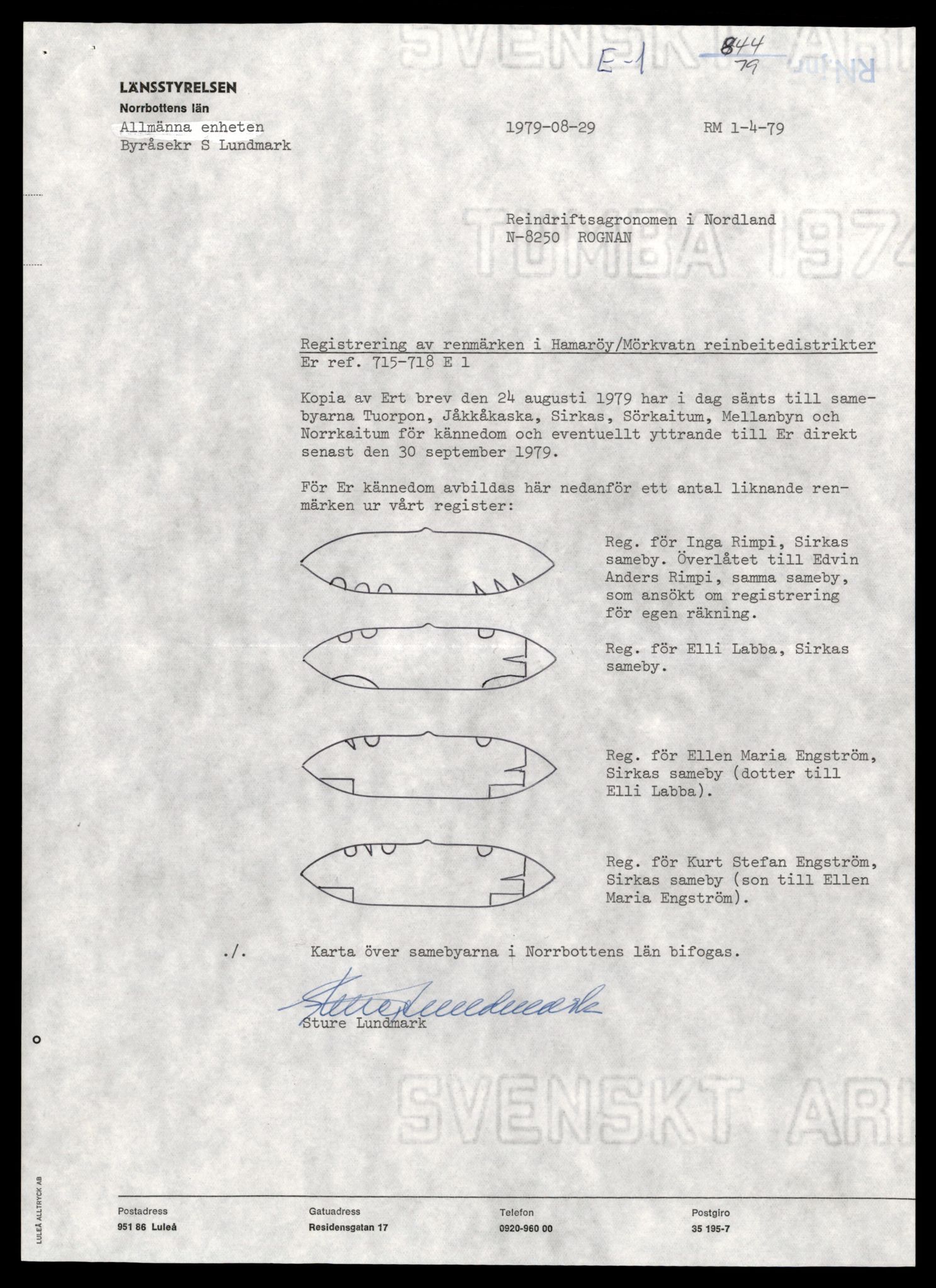 Reindriftsforvaltningen Nordland, AV/SAT-A-5309/D/Dc/L0506/0002: Korrespondanse ordnet etter arkivnøkkel / Registrering av reinmerker - Hamarøy / Mørkvatn, 1966-1981, p. 11