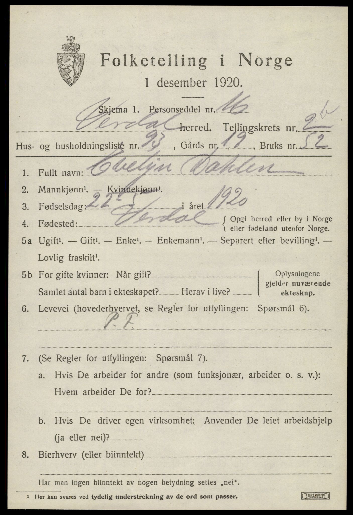 SAT, 1920 census for Verdal, 1920, p. 5245