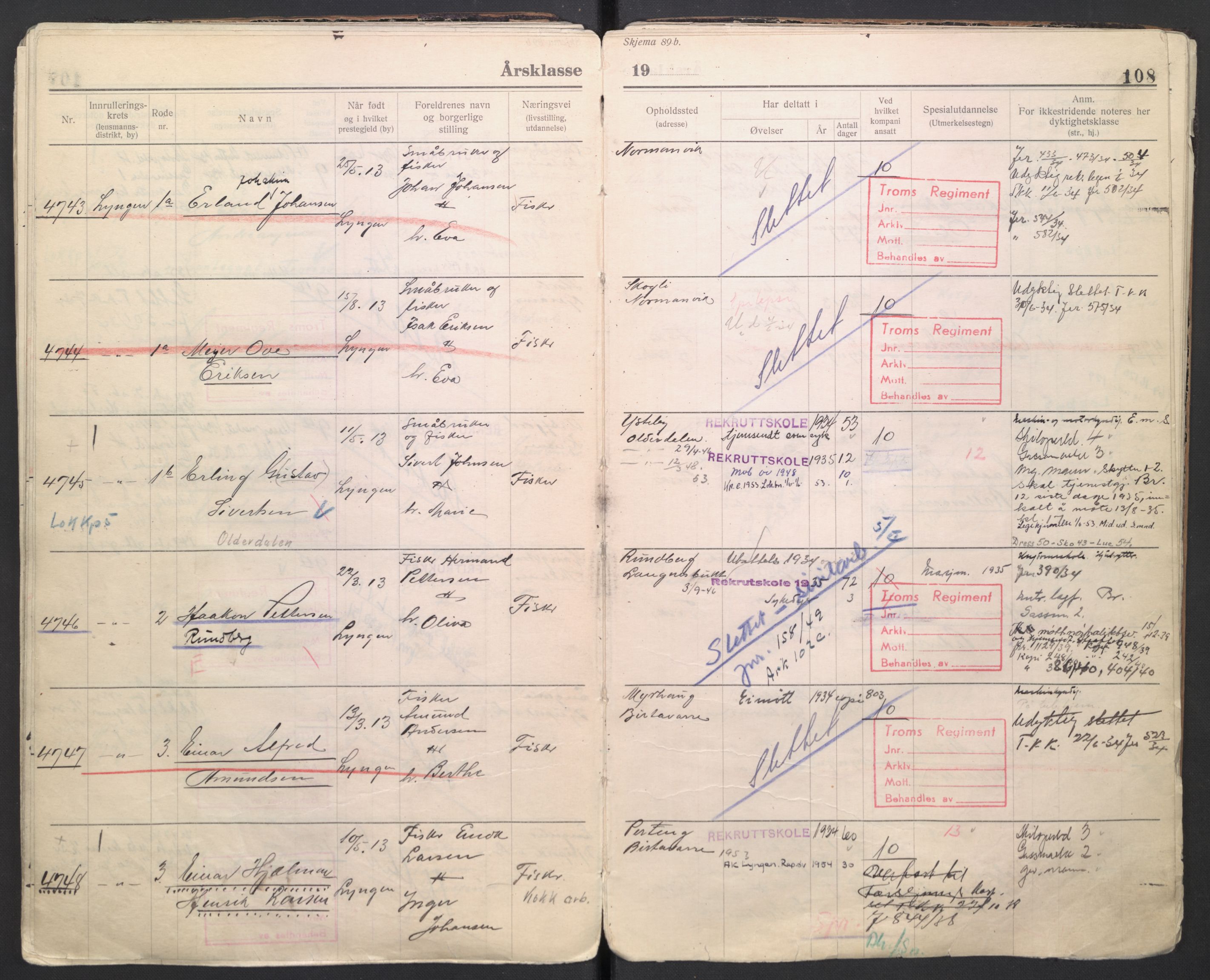 Forsvaret, Troms infanteriregiment nr. 16, AV/RA-RAFA-3146/P/Pa/L0006/0007: Ruller / Rulle for regimentets menige mannskaper, årsklasse 1934, 1934, p. 108