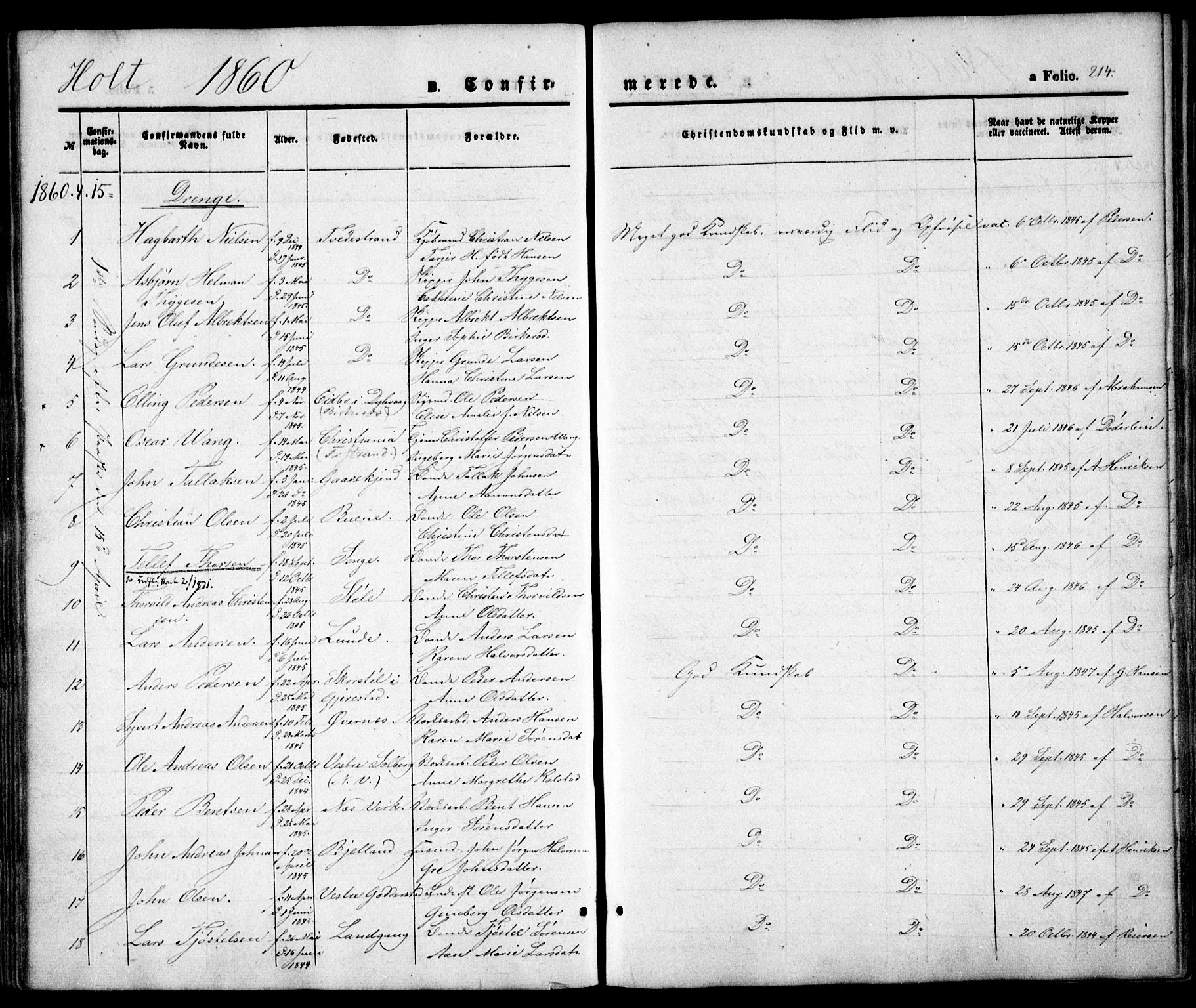 Holt sokneprestkontor, AV/SAK-1111-0021/F/Fa/L0008: Parish register (official) no. A 8, 1849-1860, p. 214