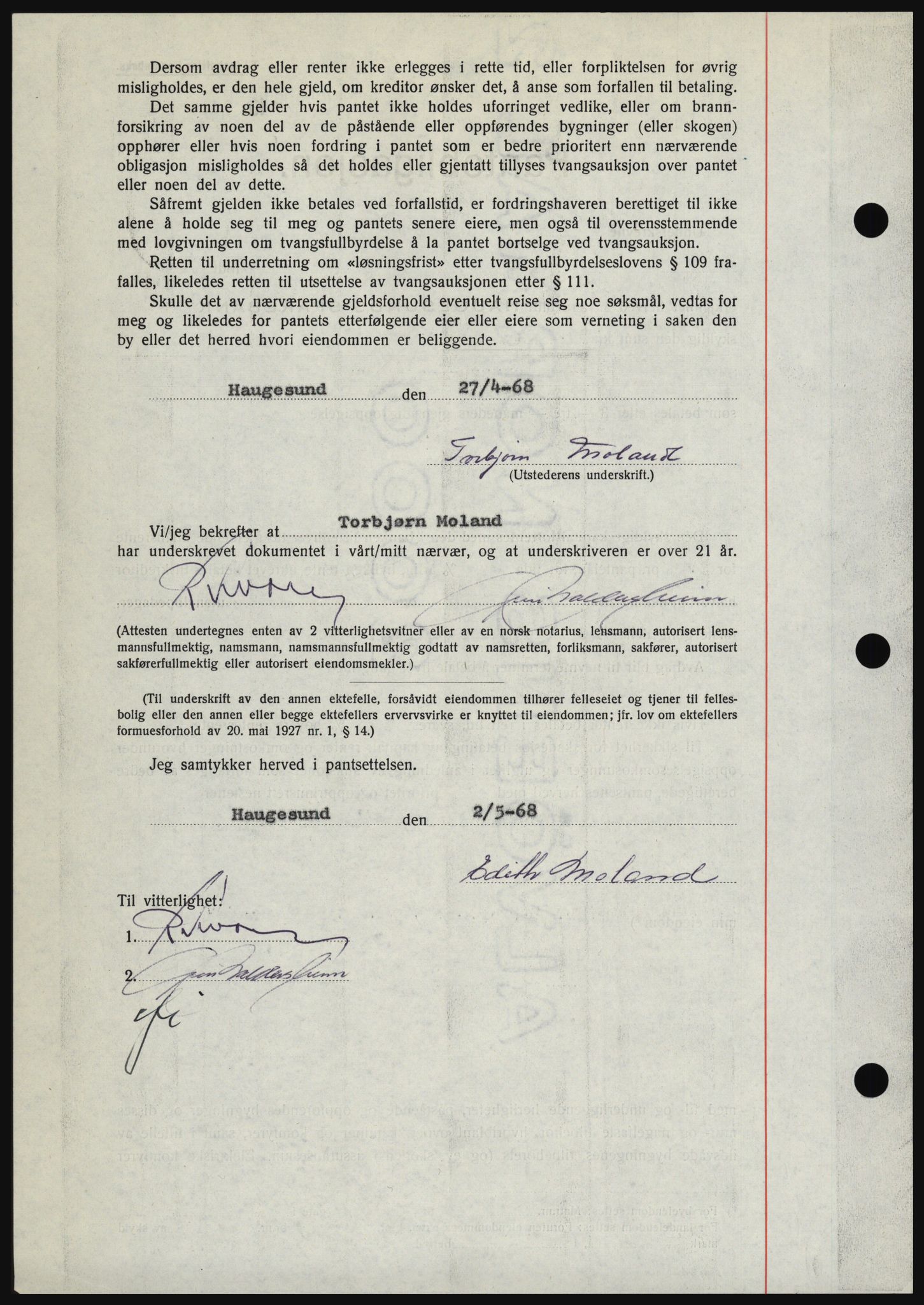 Haugesund tingrett, SAST/A-101415/01/II/IIC/L0058: Mortgage book no. B 58, 1967-1968, Diary no: : 1068/1968