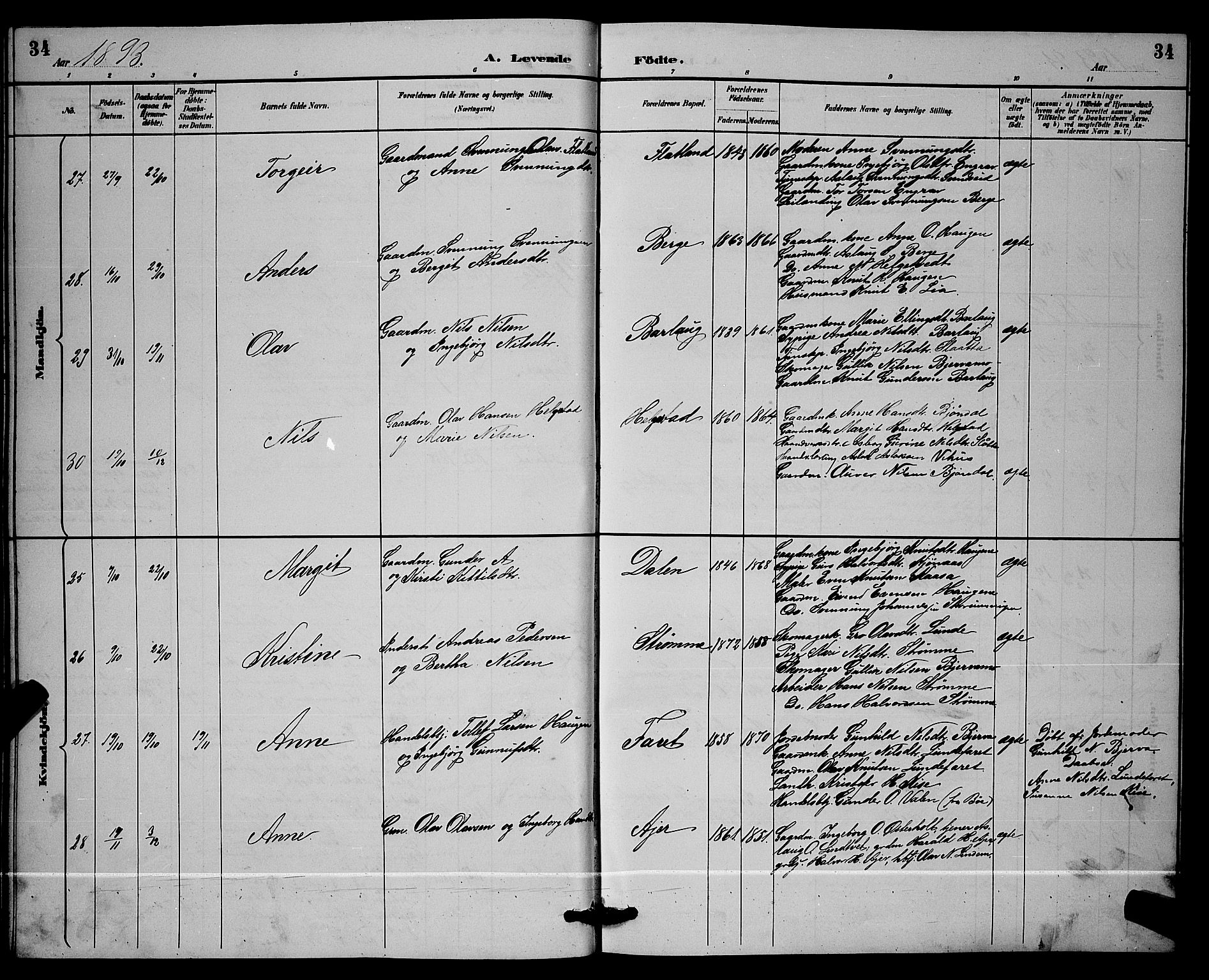 Lunde kirkebøker, SAKO/A-282/G/Ga/L0002: Parish register (copy) no. I 2, 1887-1896, p. 34
