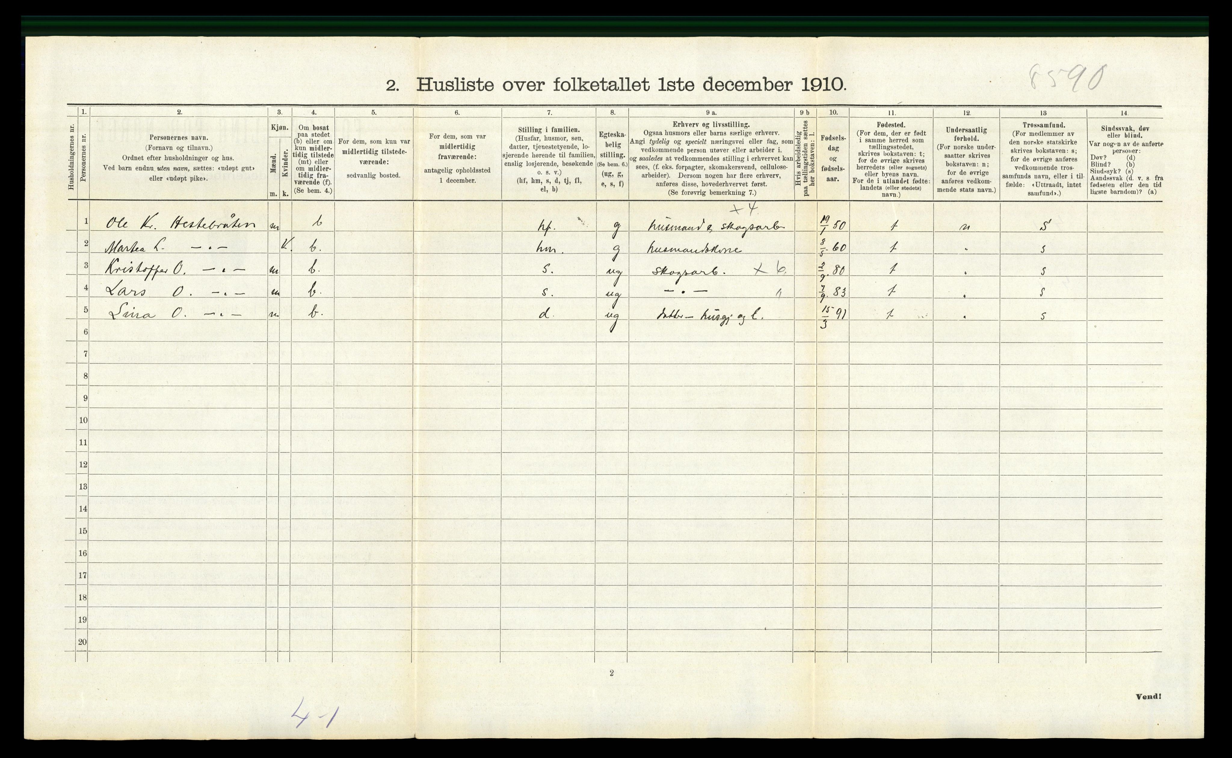 RA, 1910 census for Nord-Odal, 1910, p. 1000