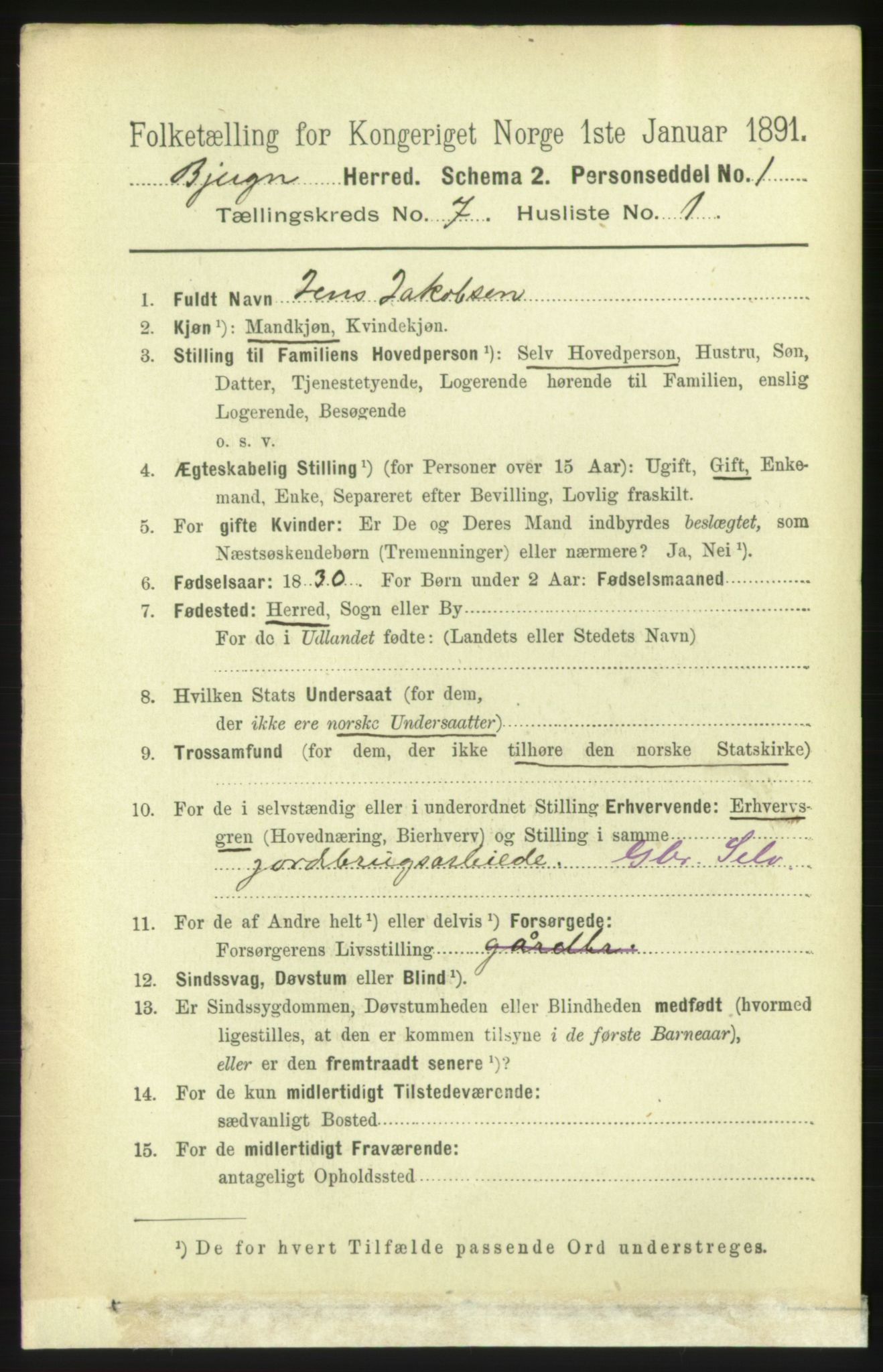 RA, 1891 census for 1627 Bjugn, 1891, p. 1838