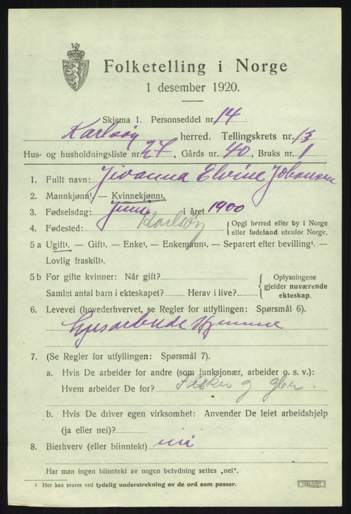 SATØ, 1920 census for Karlsøy, 1920, p. 5028