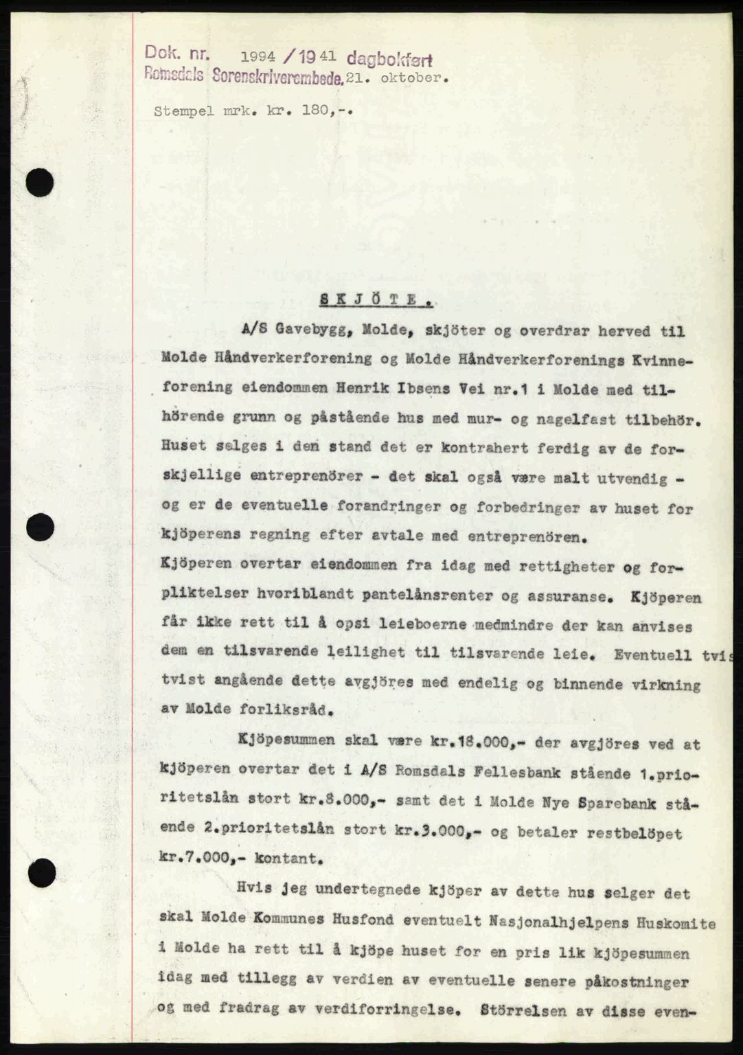 Romsdal sorenskriveri, AV/SAT-A-4149/1/2/2C: Mortgage book no. A11, 1941-1942, Diary no: : 1994/1941