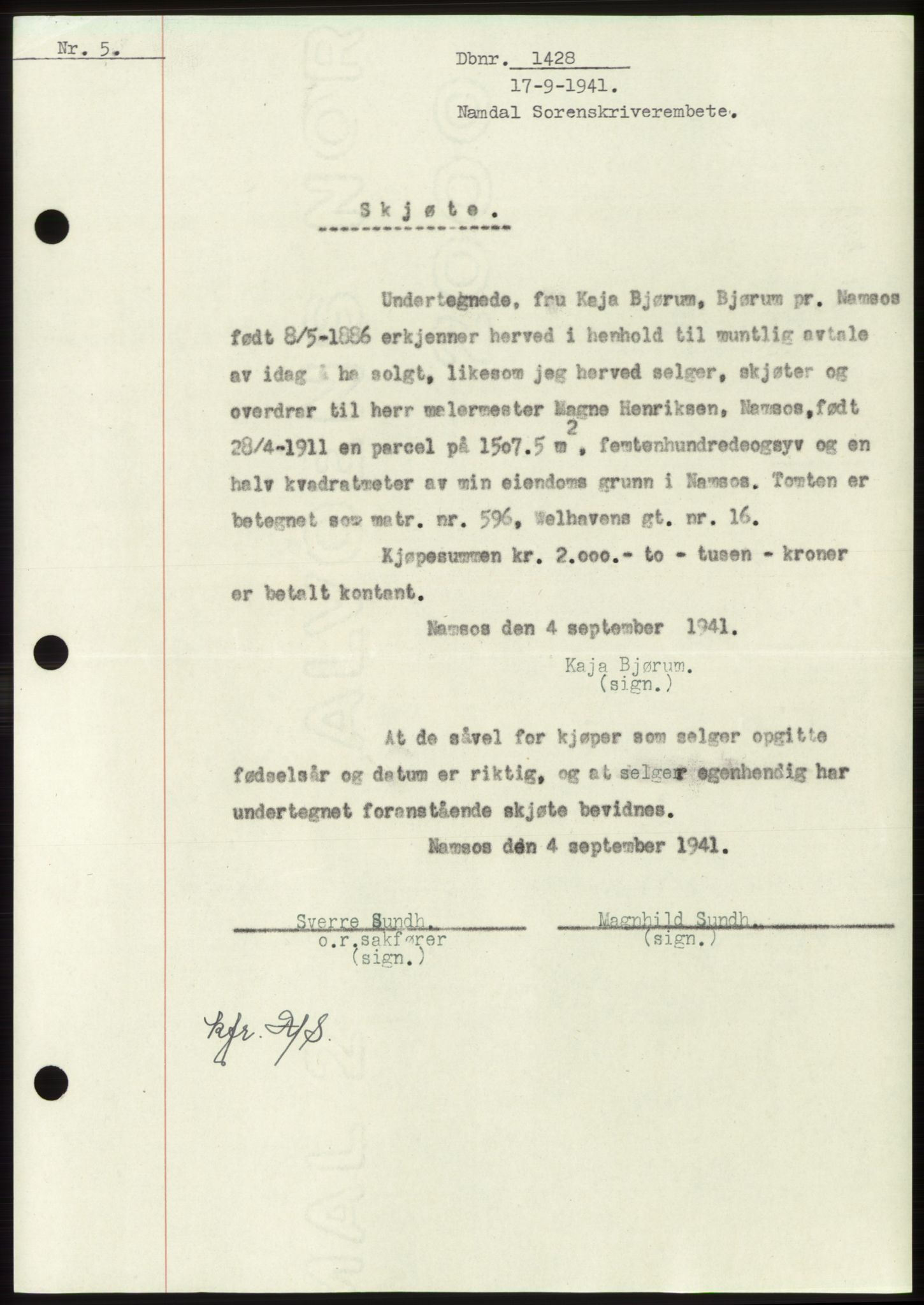 Namdal sorenskriveri, SAT/A-4133/1/2/2C: Mortgage book no. -, 1941-1942, Diary no: : 1428/1941