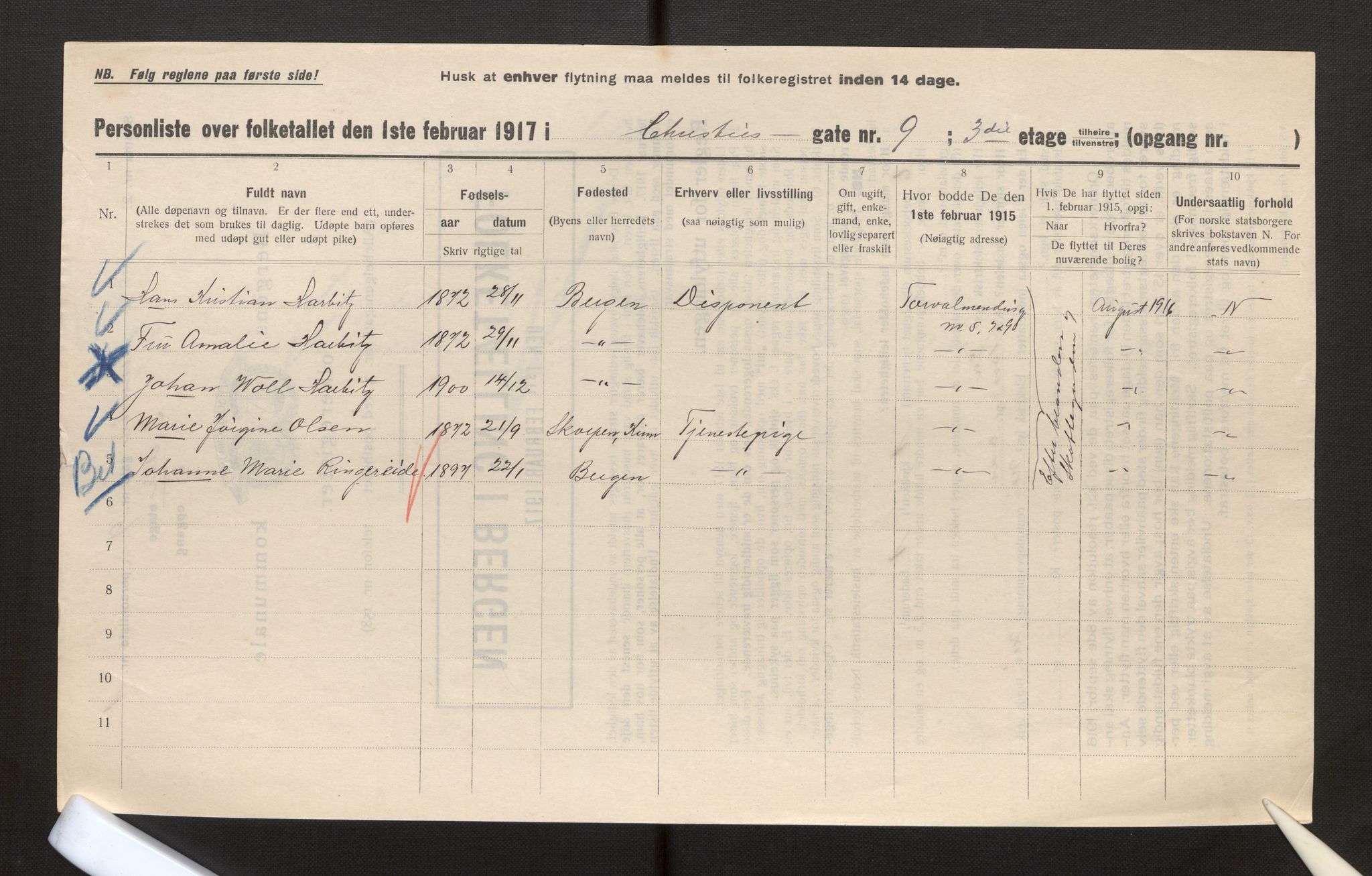 SAB, Municipal Census 1917 for Bergen, 1917, p. 4385